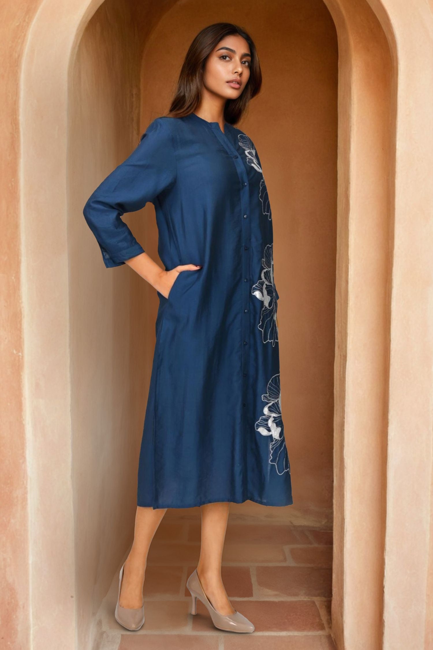 Navy Blue Long Shirt Style Dress with Embroidery