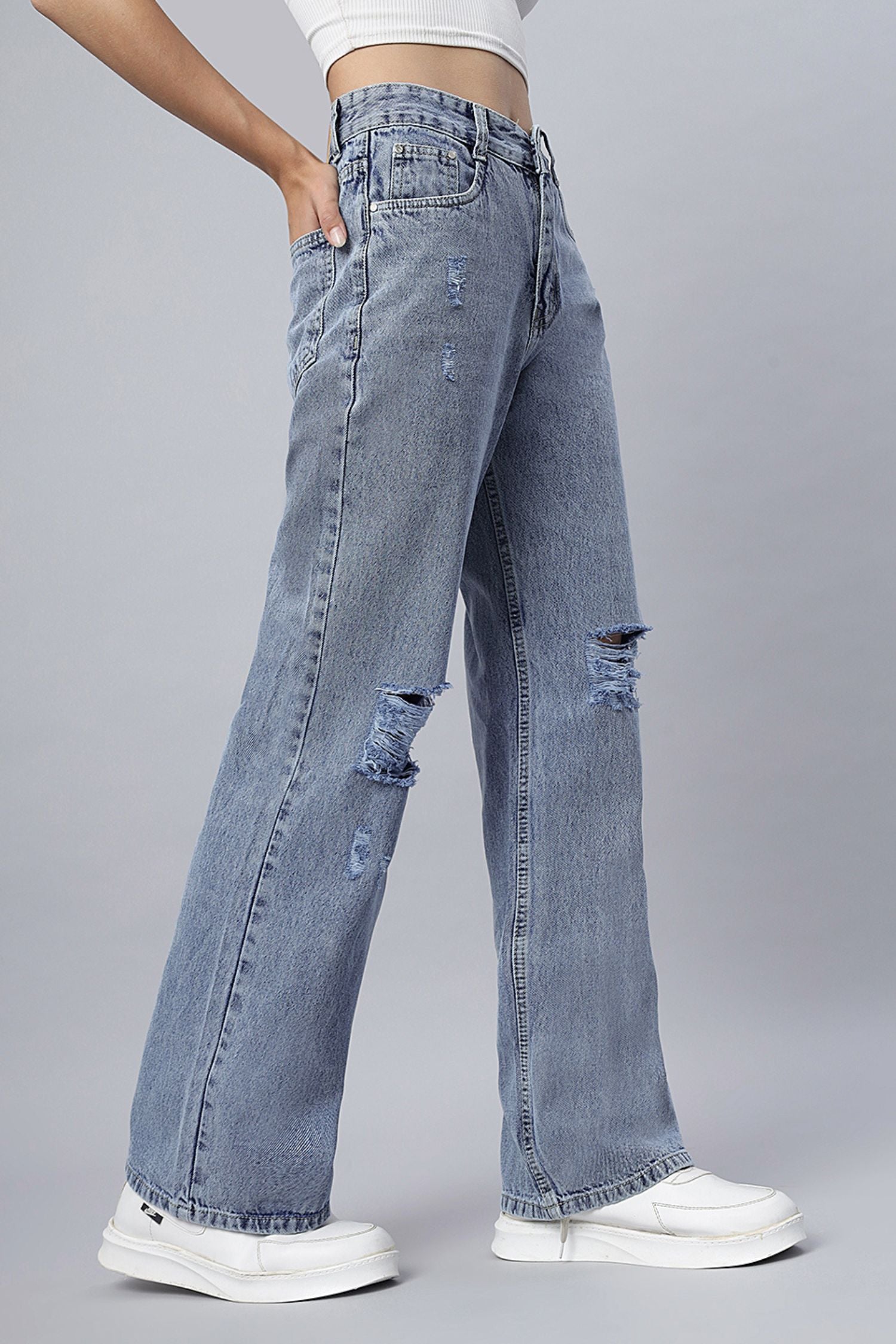 Stone Shade High Rise Ripped Jeans