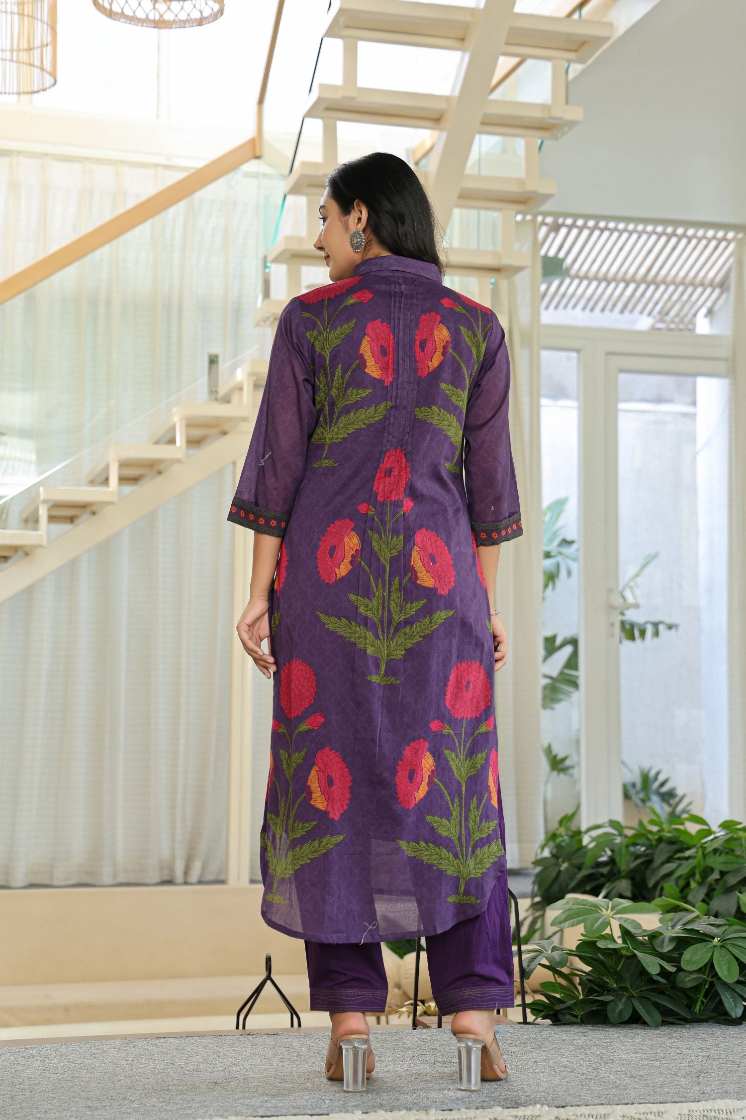 Cord Set with Front Design and Floral Back Detail With Solid Pattern Bottom