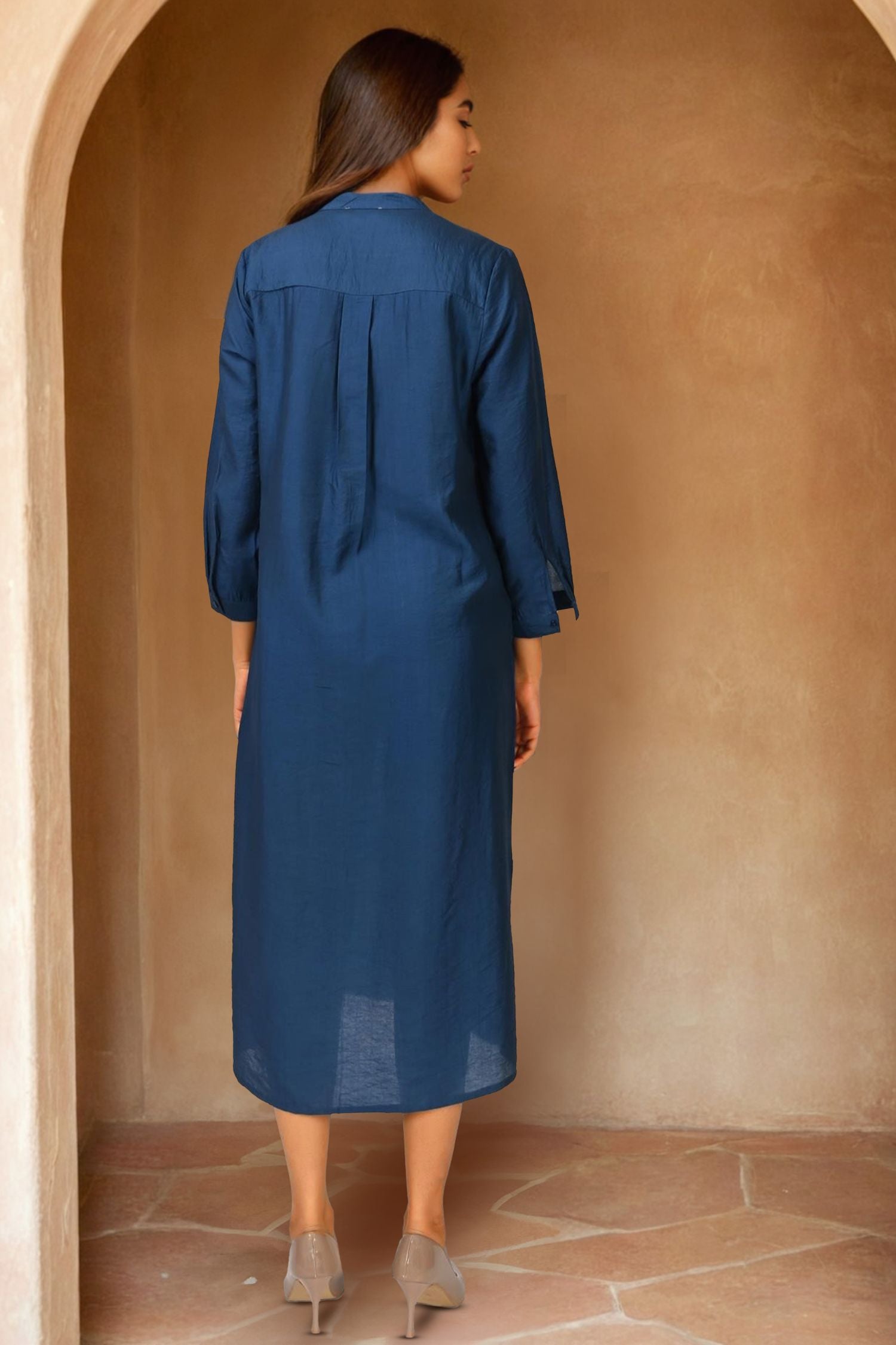 Navy Blue Long Shirt Style Dress with Embroidery