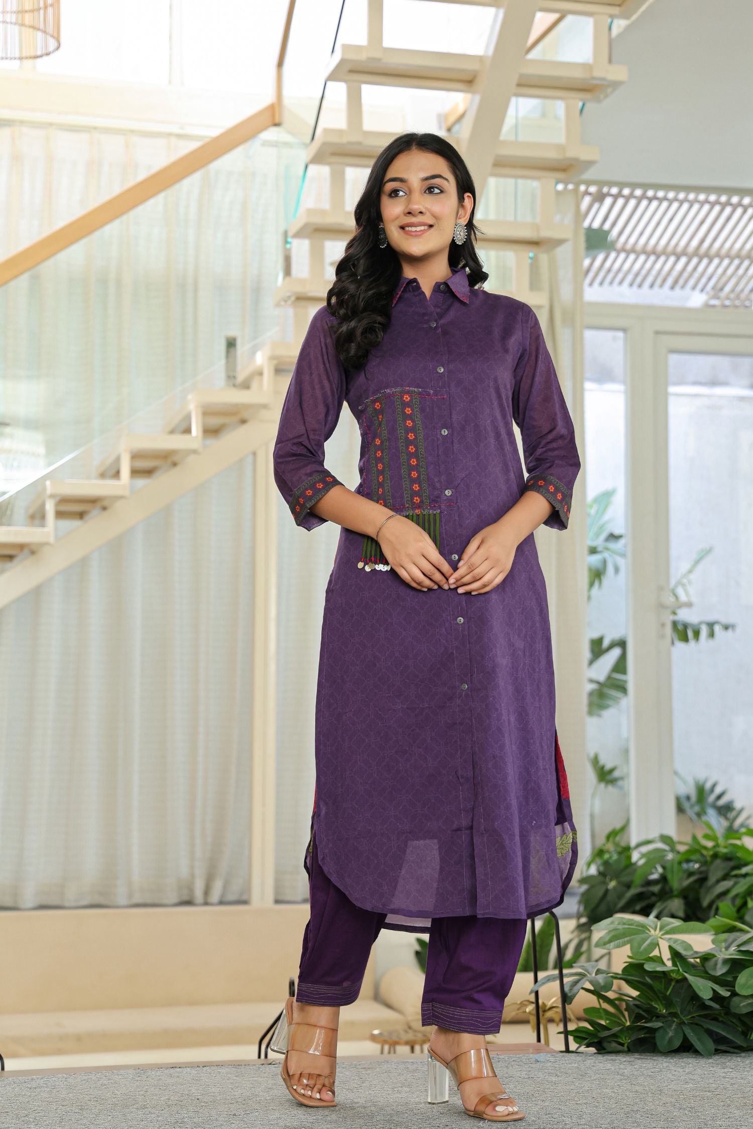 Cord Set with Front Design and Floral Back Detail With Solid Pattern Bottom