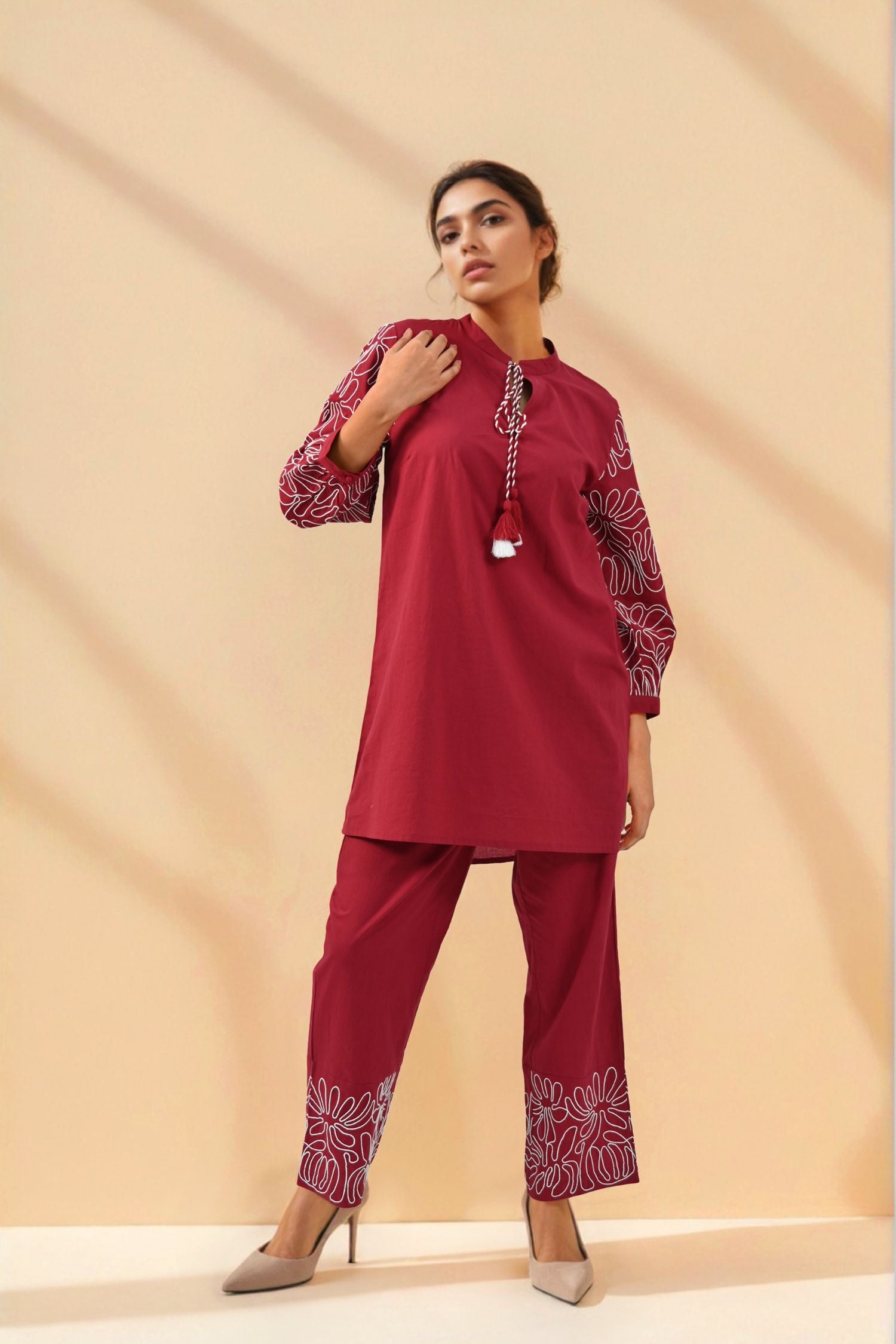 Solid Red Cord Set with Sleeve & Bottom Detail