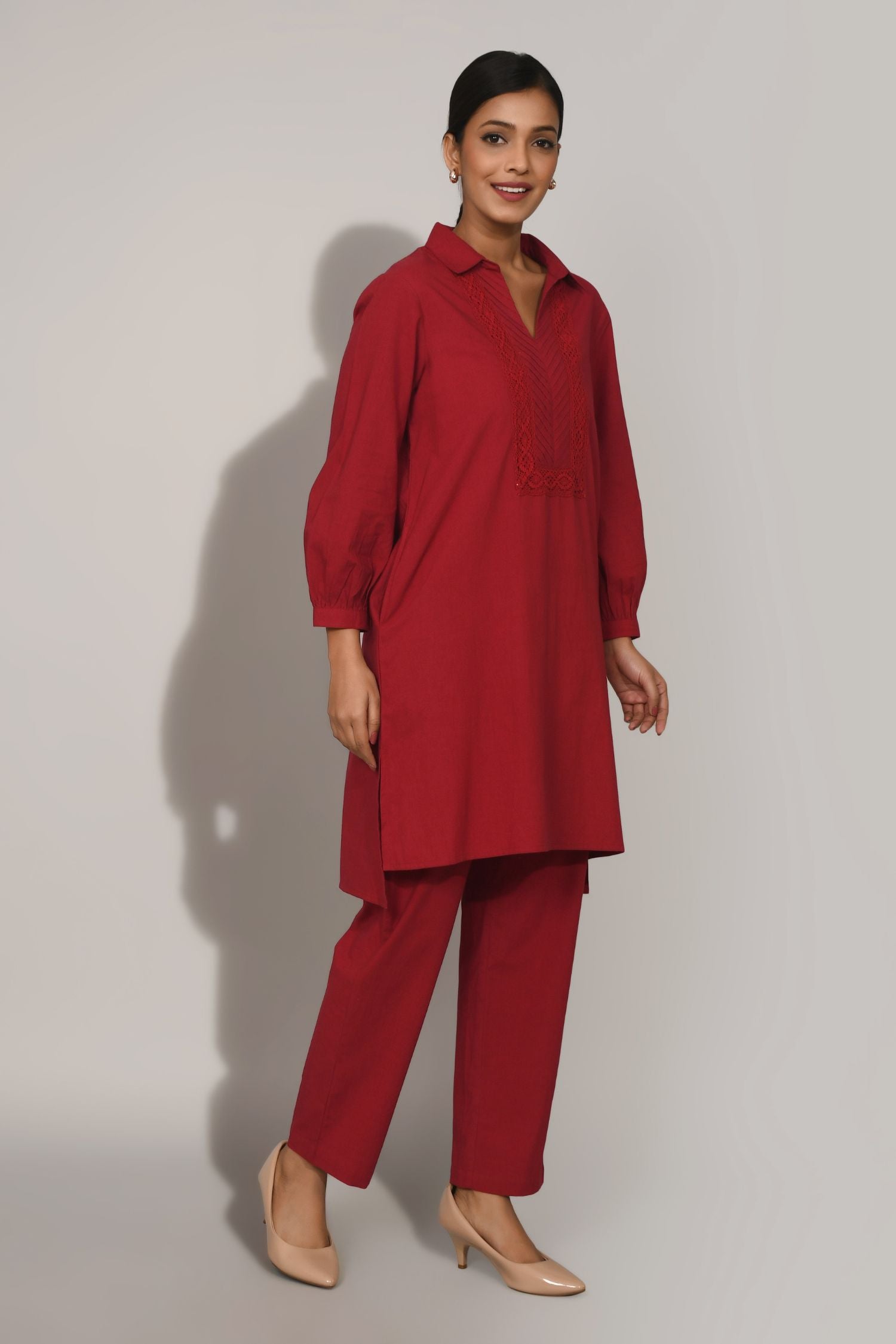 Red Collared Cord Set with Handwork Detail