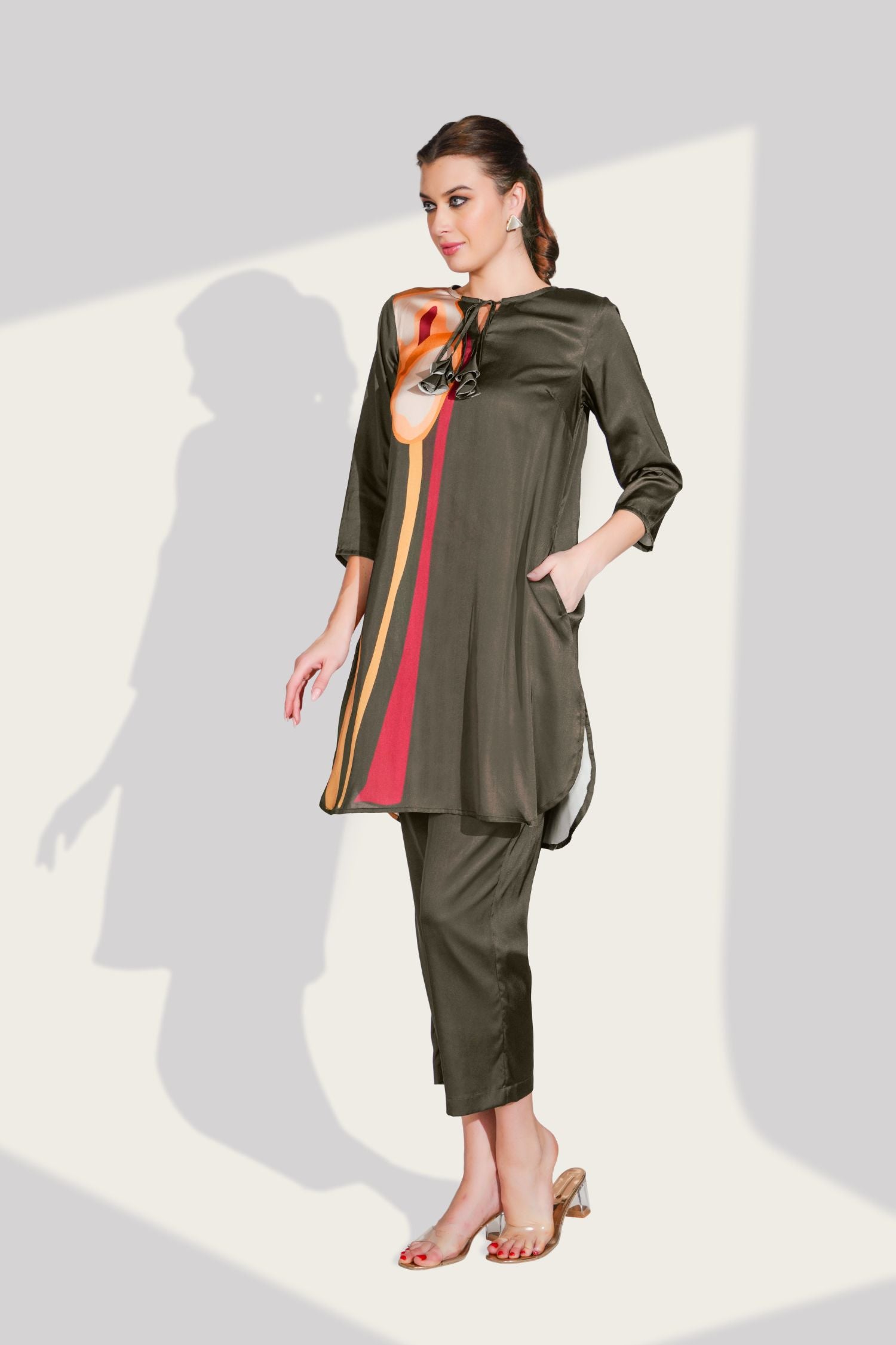 Olive Cord Set with Side Print & Short Bottom