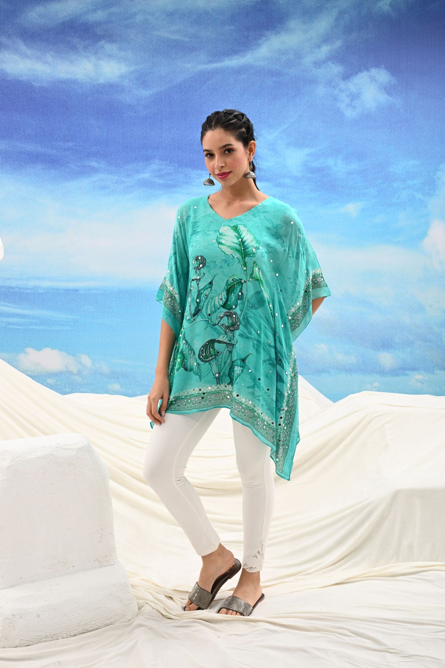 Turquoise Viscose Embroidered Kaftan Dress