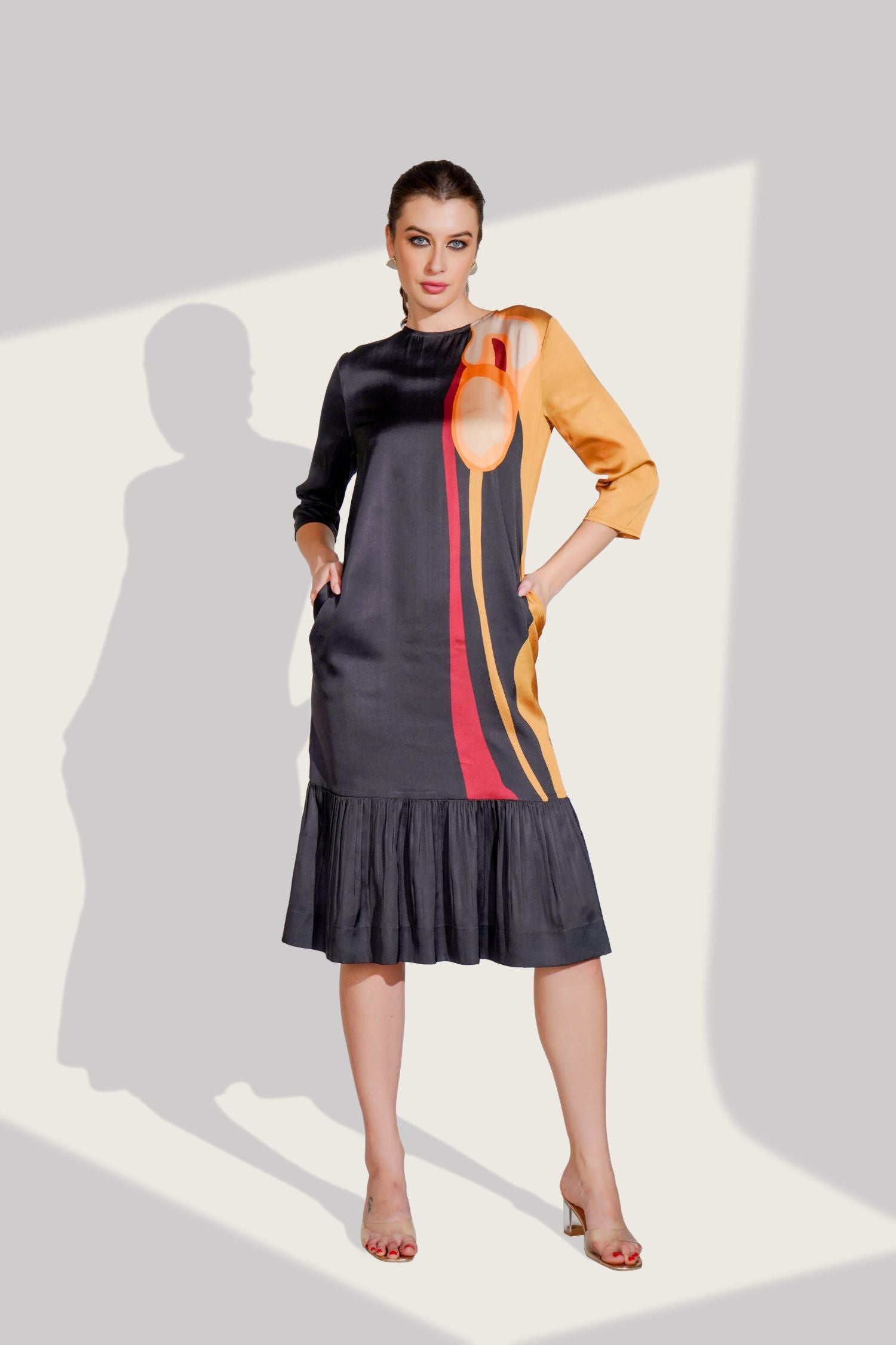 Black Long Dress with Side Print With Pockets