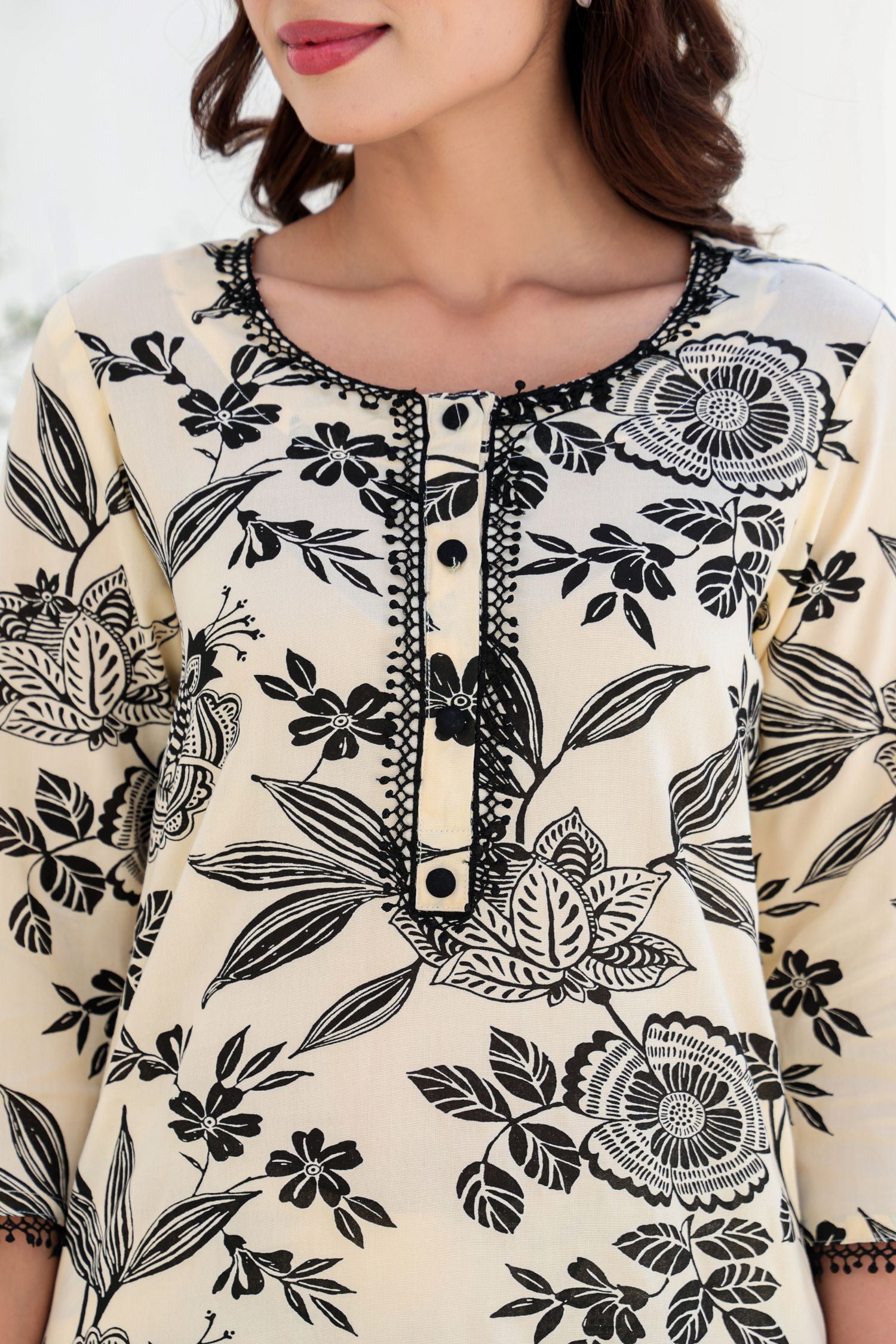 Cream Blossom Floral Print Cord Set with Black Accents