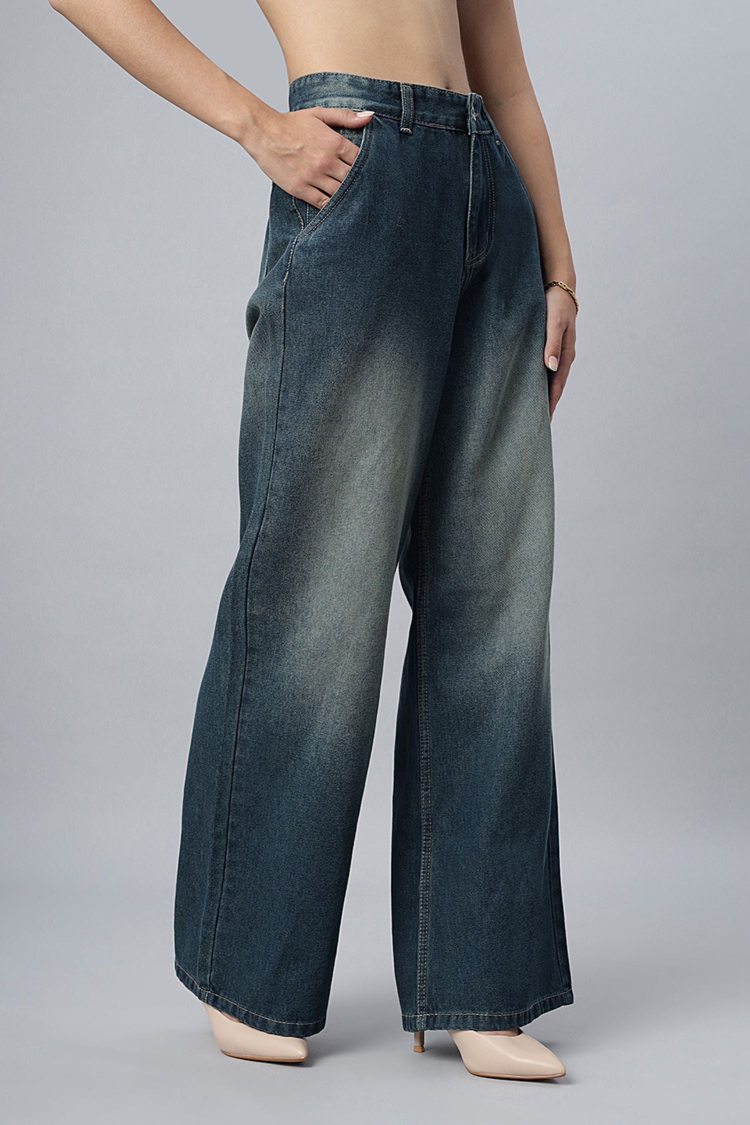 Teal Blue Shaded Wide-Leg Jeans
