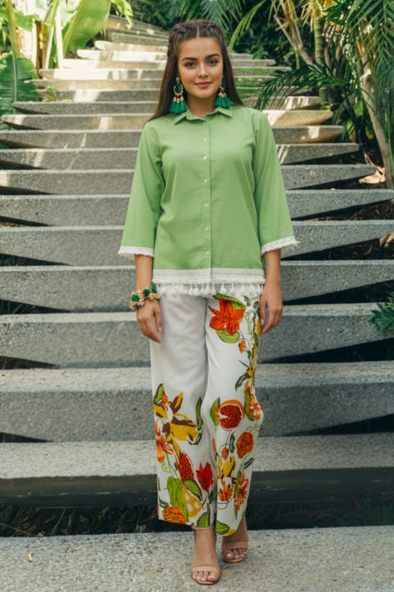 Green Cotton Co-ord Set with Printed Bottom