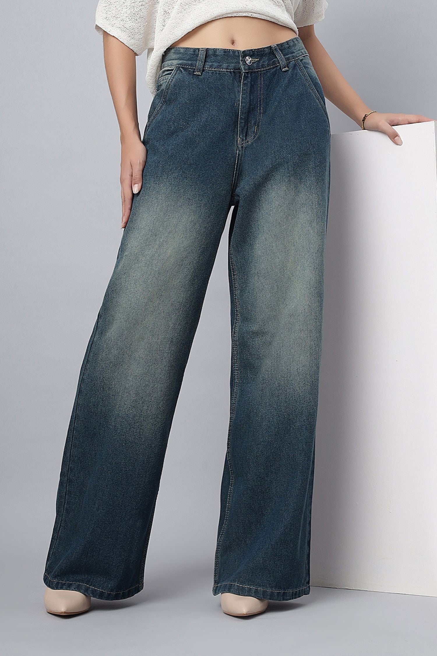 Teal Blue Shaded Wide-Leg Jeans