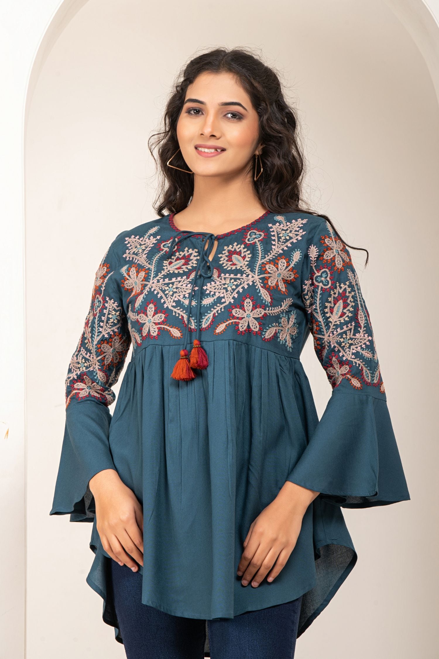 Blue Cotton Top with Thread Embroidery
