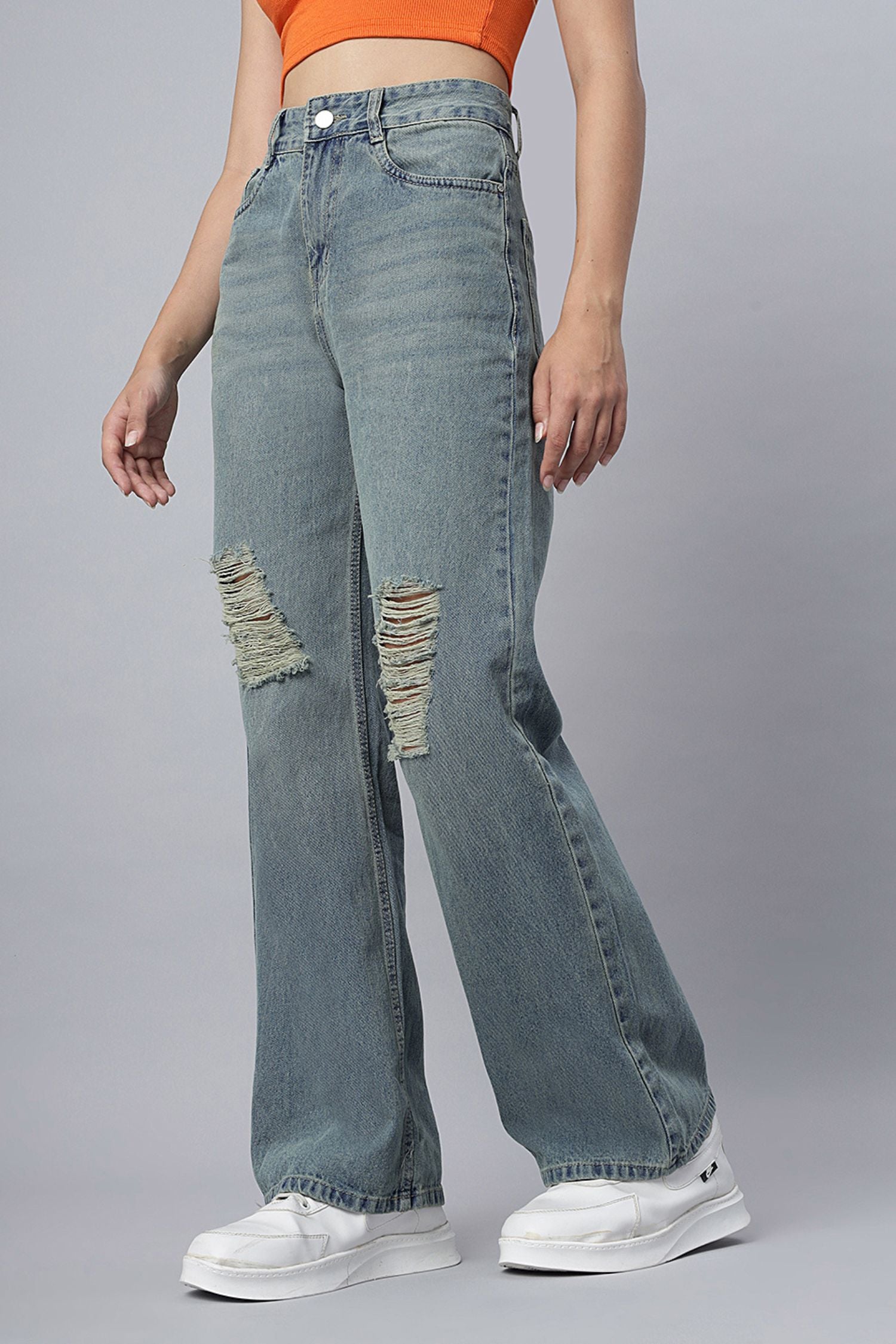 Ripped High-Waist Jeans in Dusty Hue