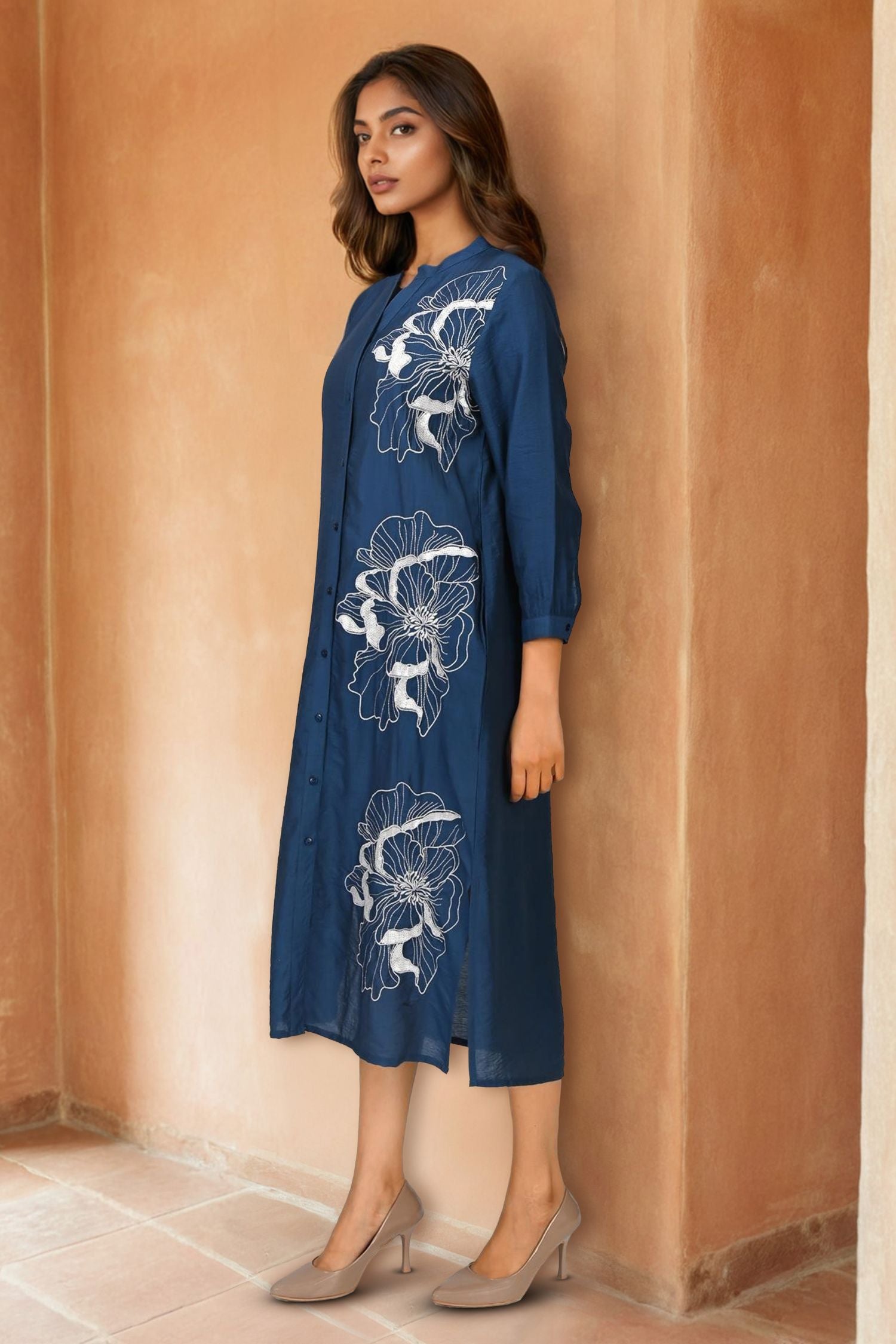 Navy Blue Long Shirt Style Dress with Embroidery