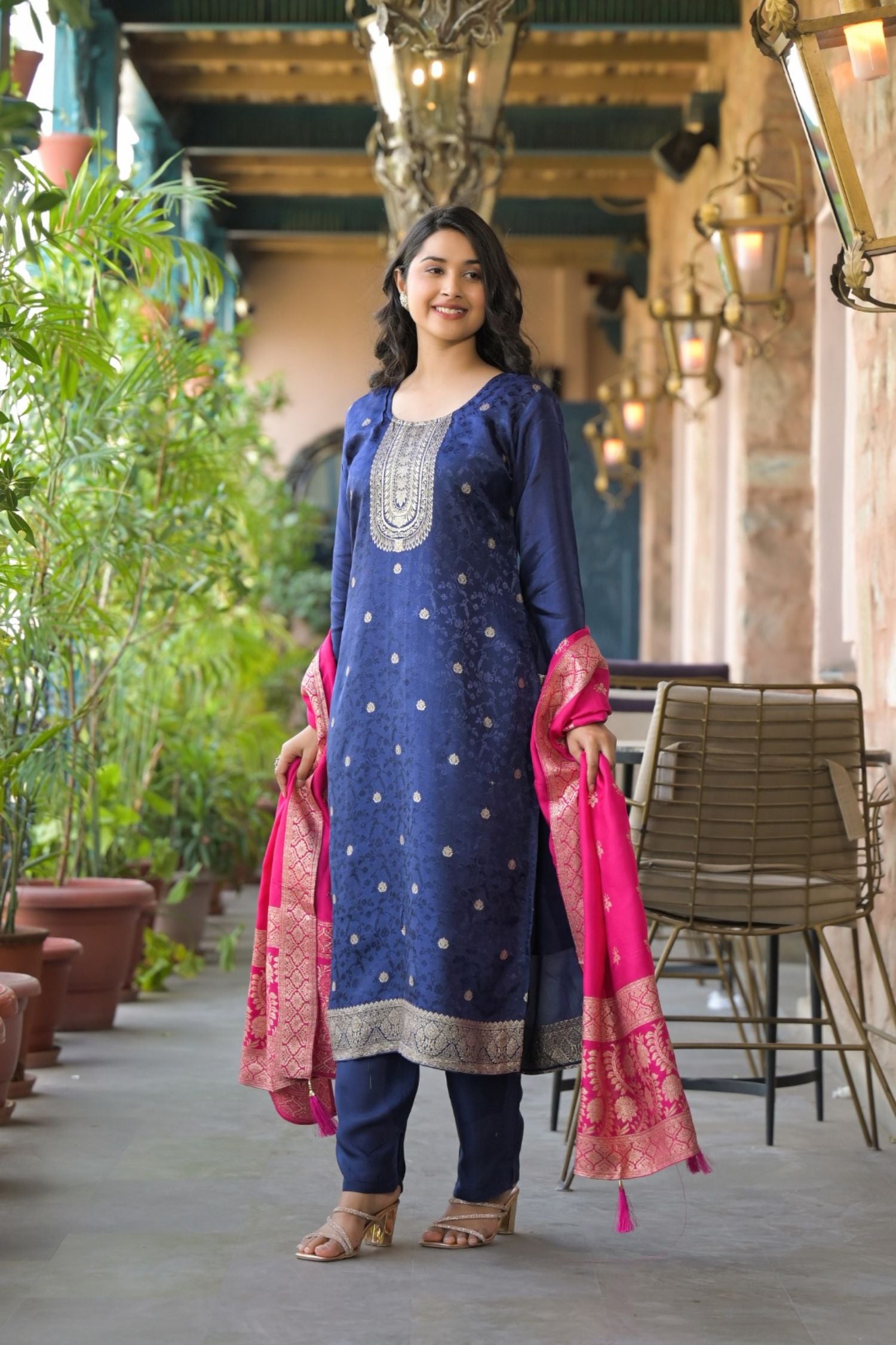 Embroidered Three Piece Suit Set with Rani Dupatta