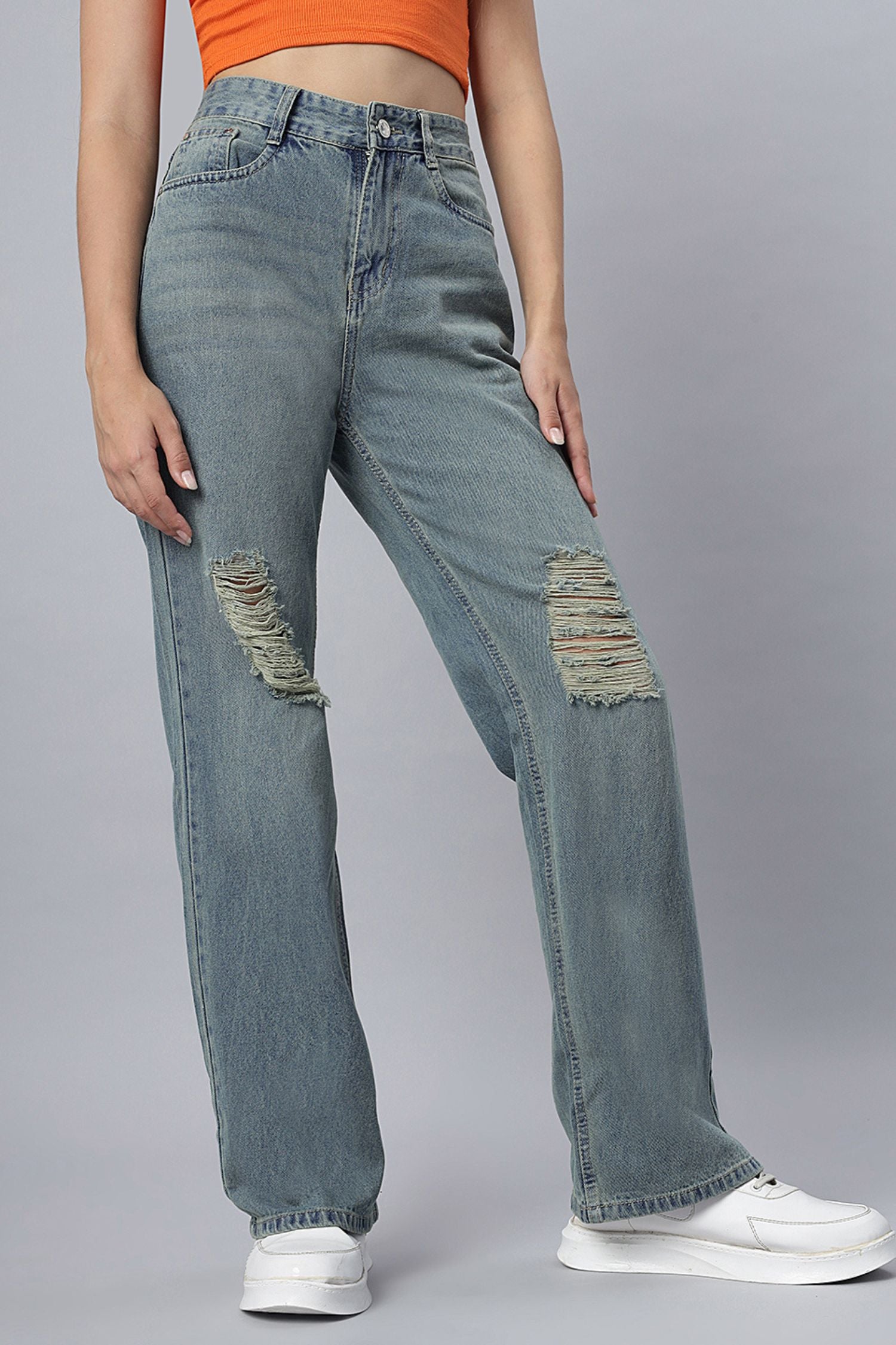 Ripped High-Waist Jeans in Dusty Hue