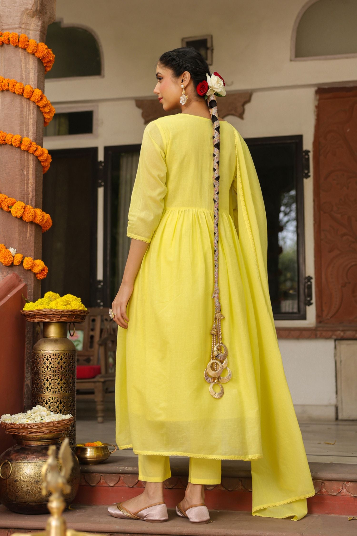 Freyaa Yellow Embroidered cotton Anarkali Suit With Dupatta