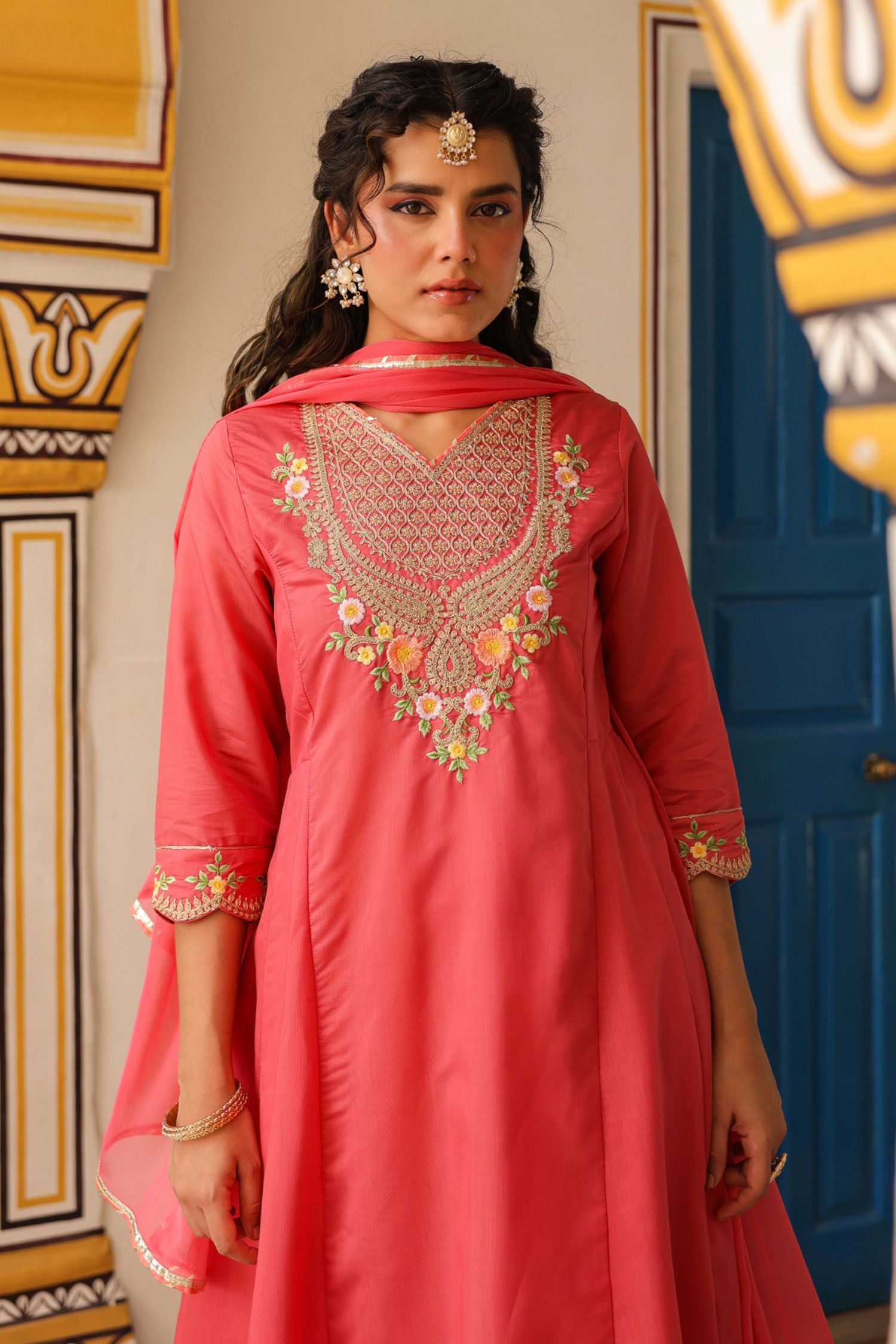 Freyaa Coral Pink Anarkali Kurta Trouser with Dupatta Set