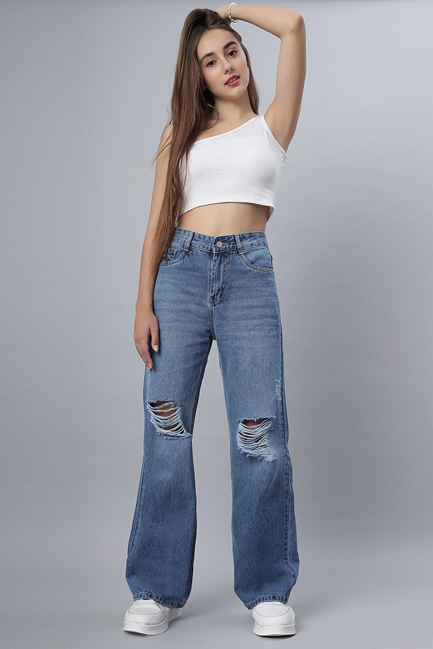 Basic Blue Straight-Leg Ripped Jeans