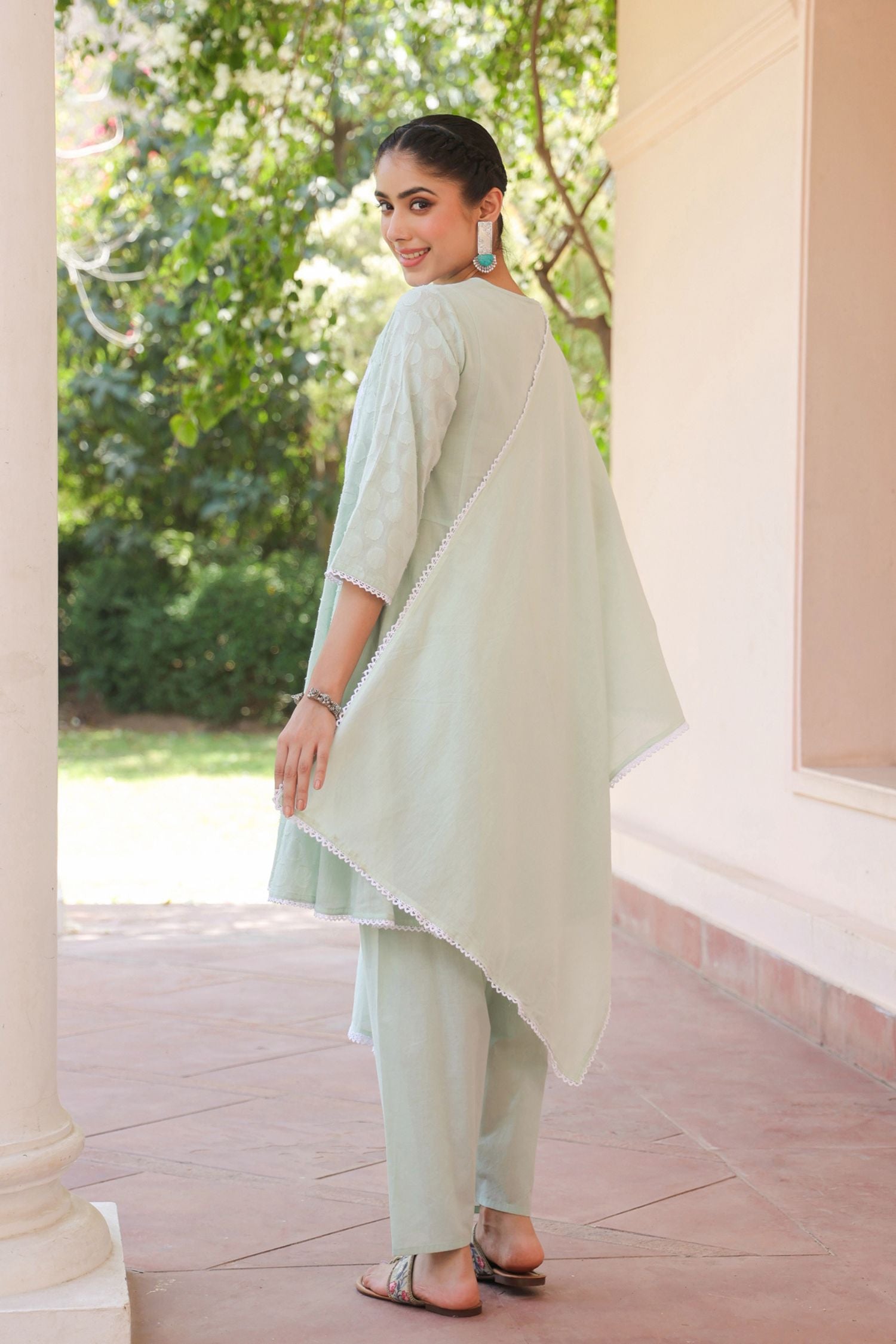Freyaa Pista Green Self Design Calf-Length Anarkali Cotton Kurta Trouser Dupatta Set