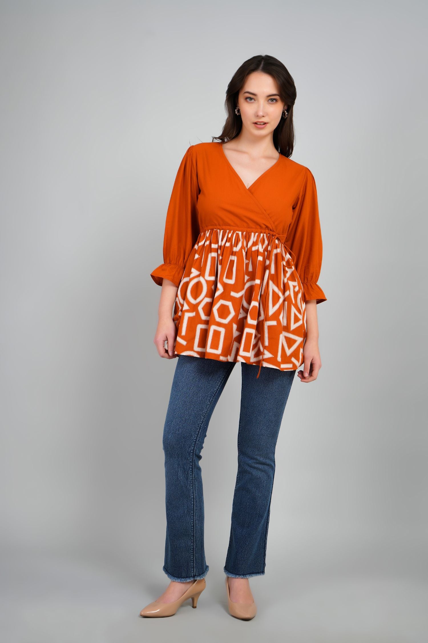 Freyaa Orange Frill Printed Top