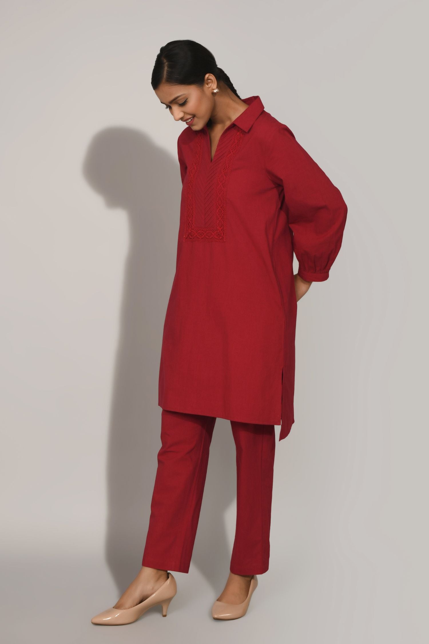 Red Collared Cord Set with Handwork Detail