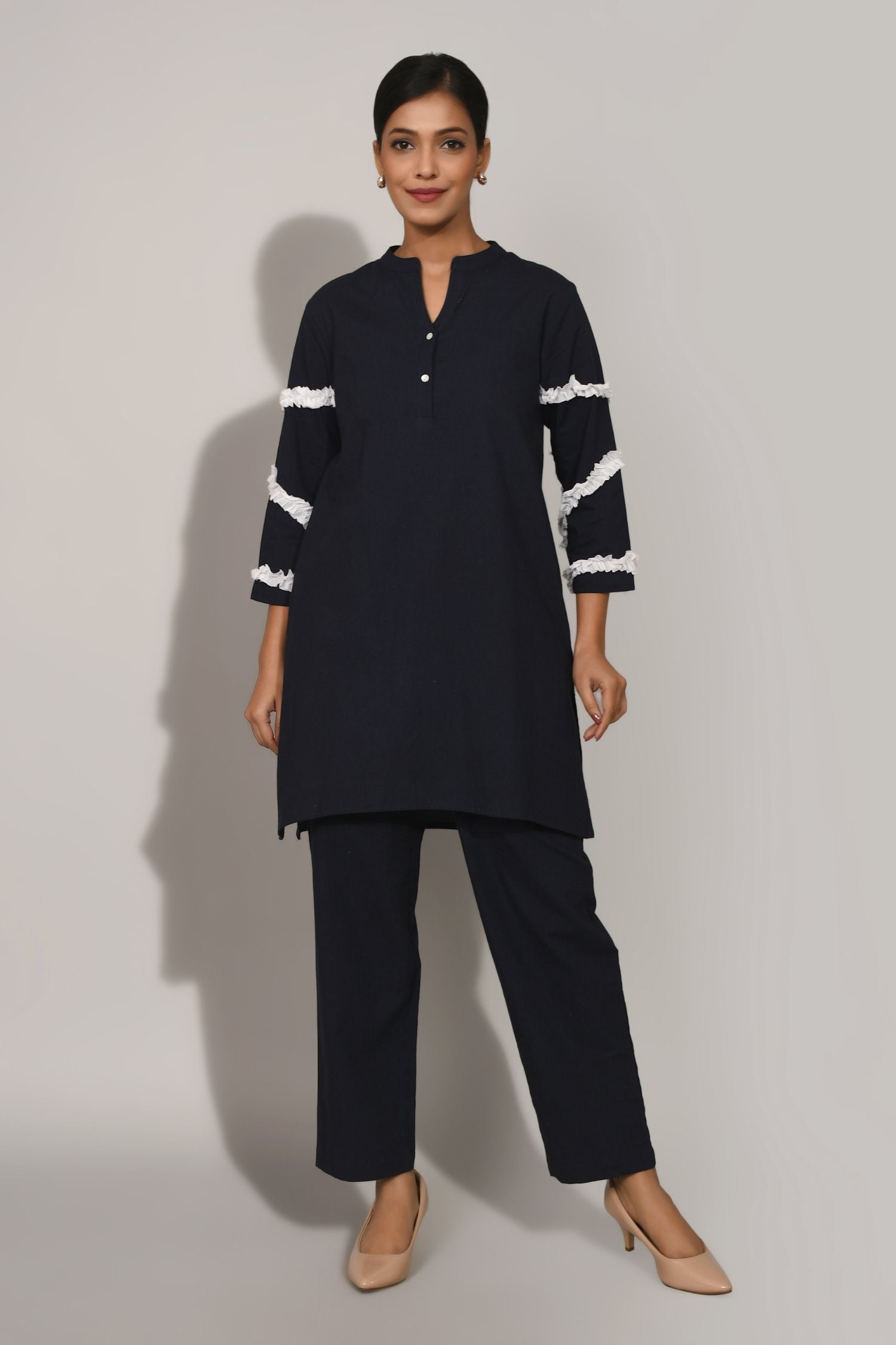 Navy Blue Cord Set with White Sleeve Touch