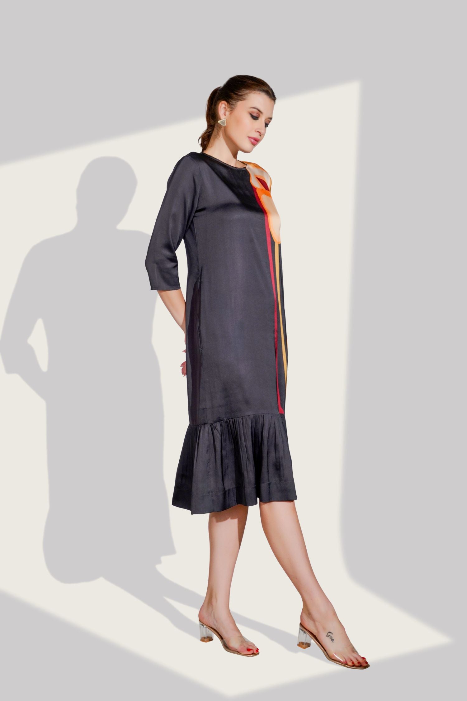 Black Long Dress with Side Print With Pockets