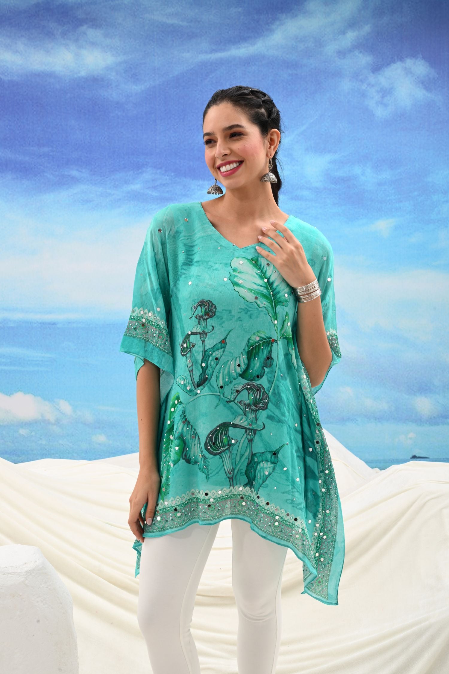 Turquoise Viscose Embroidered Kaftan Dress