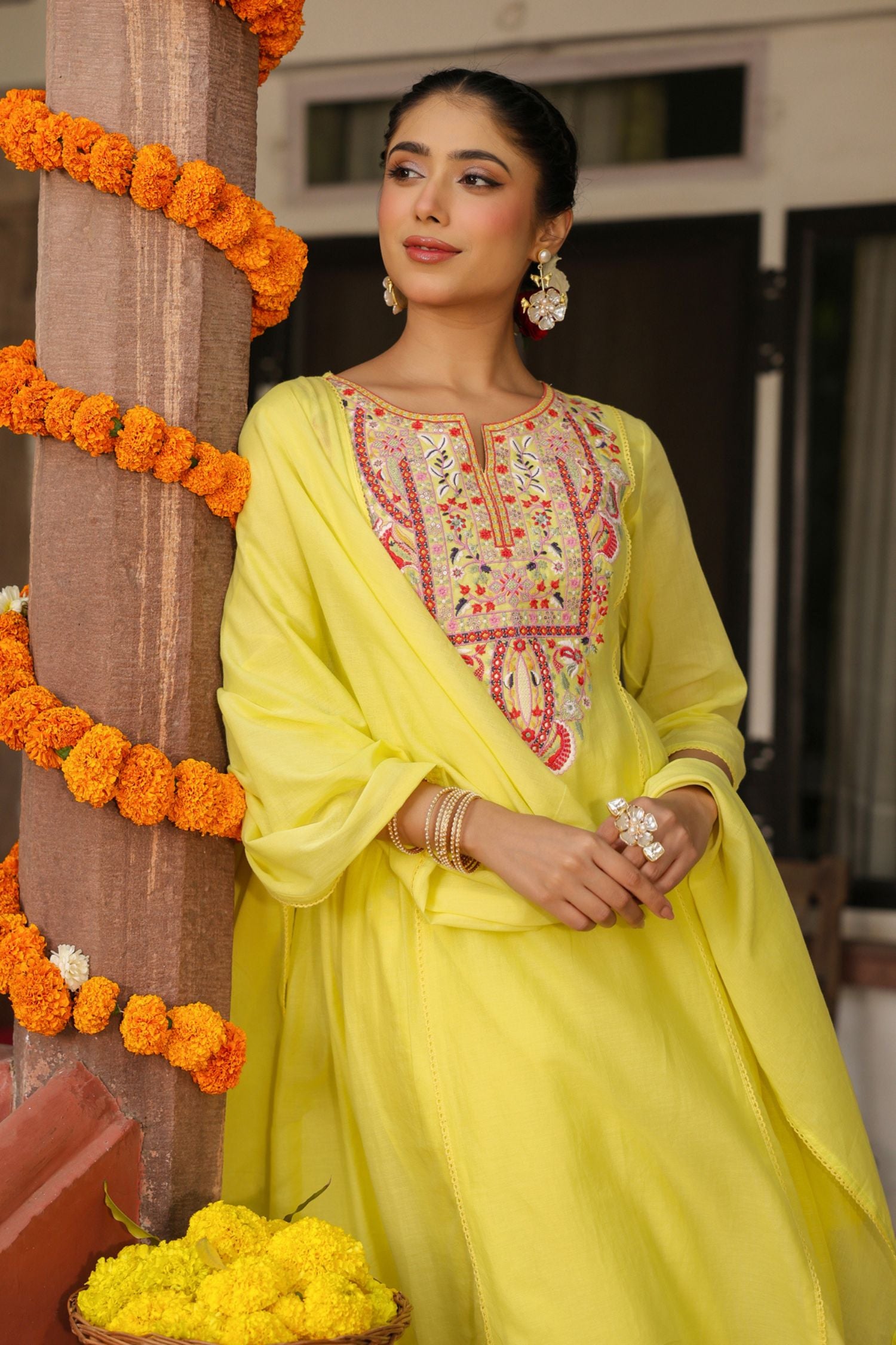 Freyaa Yellow Embroidered cotton Anarkali Suit With Dupatta