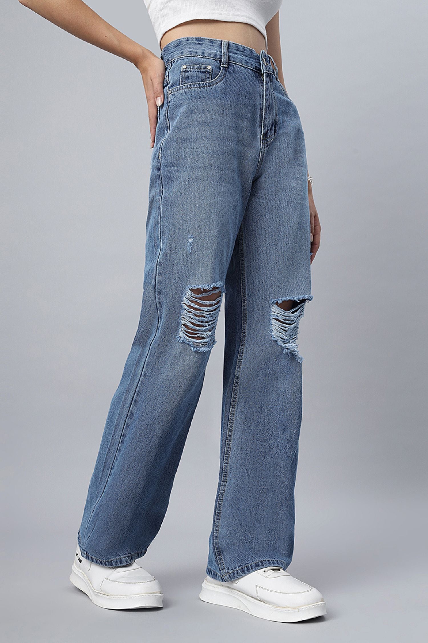 Basic Blue Straight-Leg Ripped Jeans