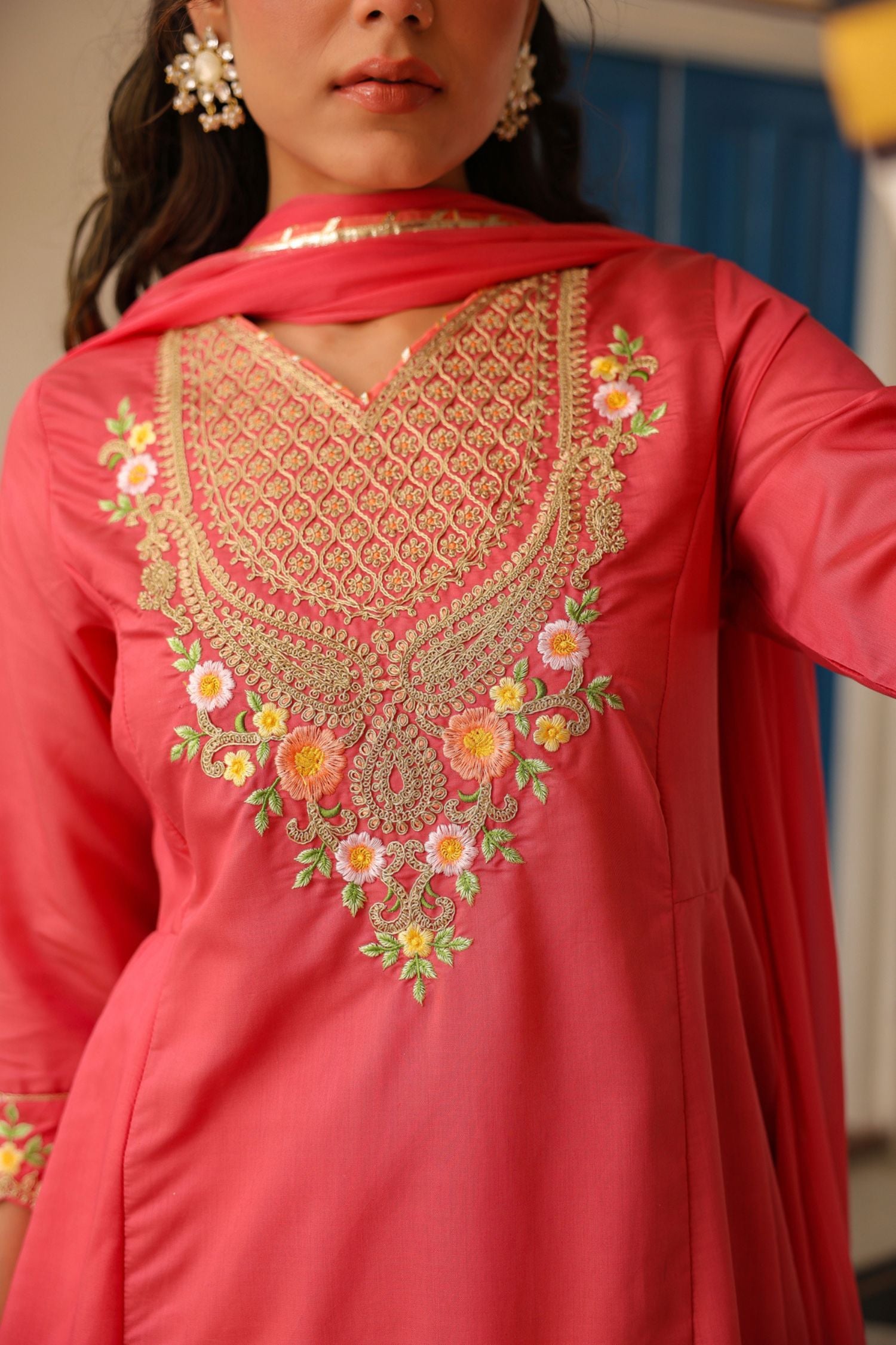 Freyaa Coral Pink Anarkali Kurta Trouser with Dupatta Set