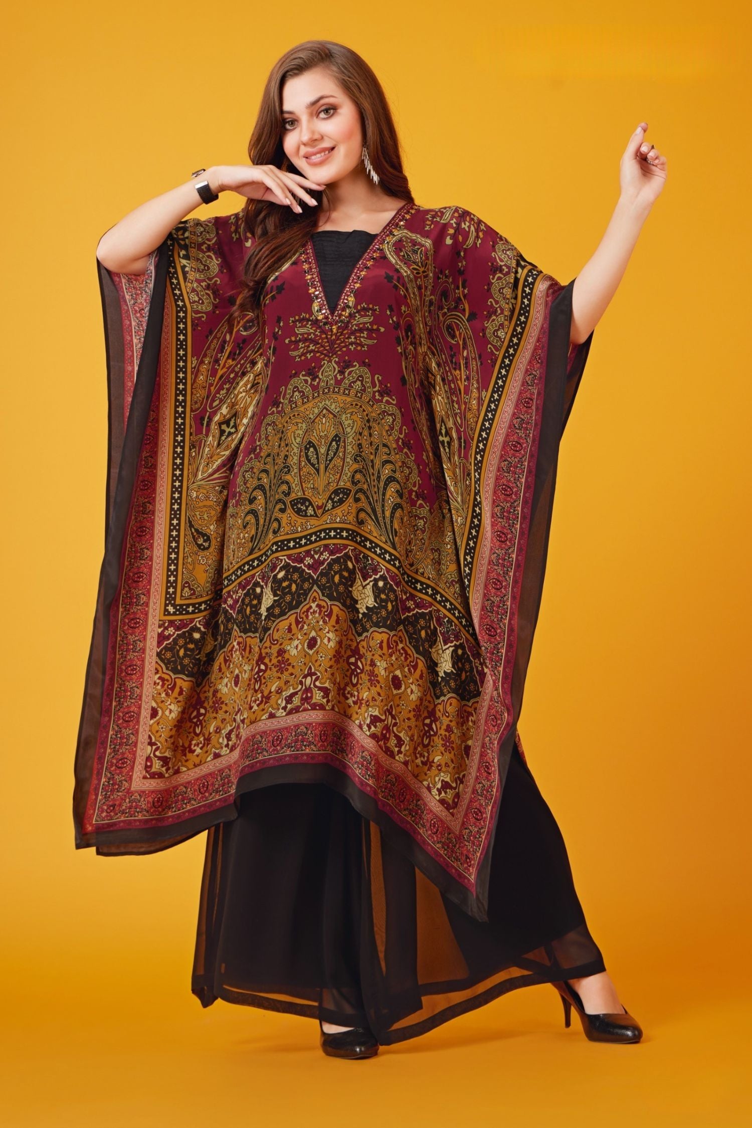 Freyaa Maroon Long Viscose Kaftan with Elegant Detailing