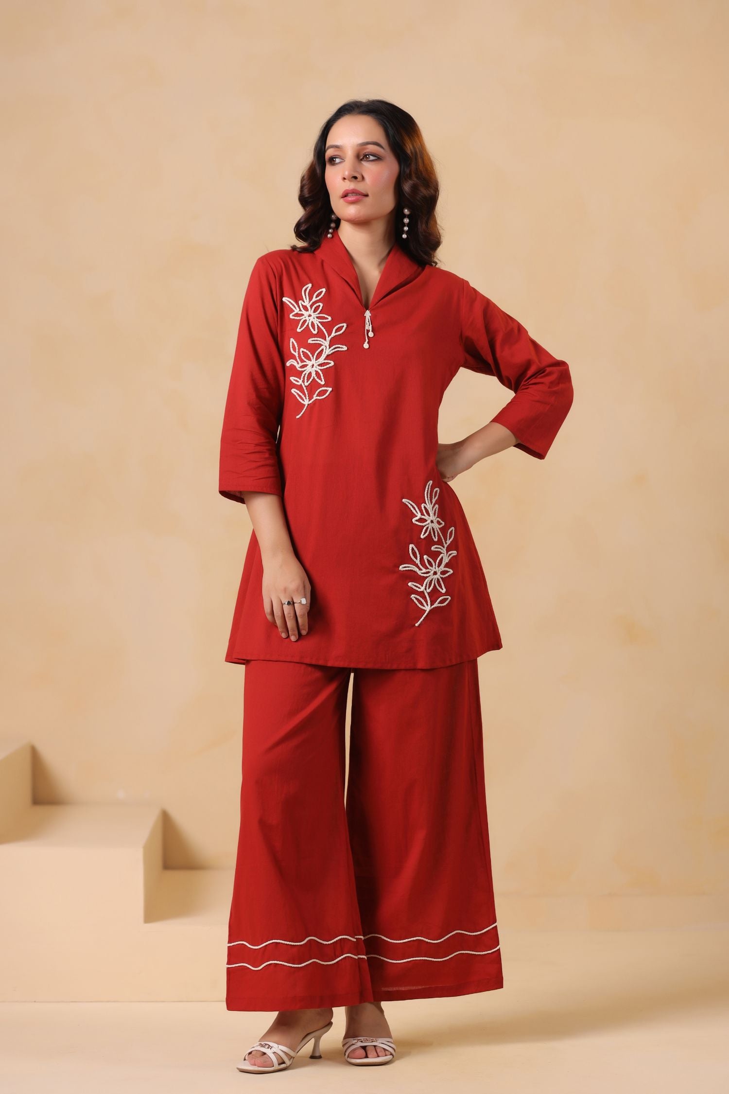 Maroon Charm Embroidered Cord Set