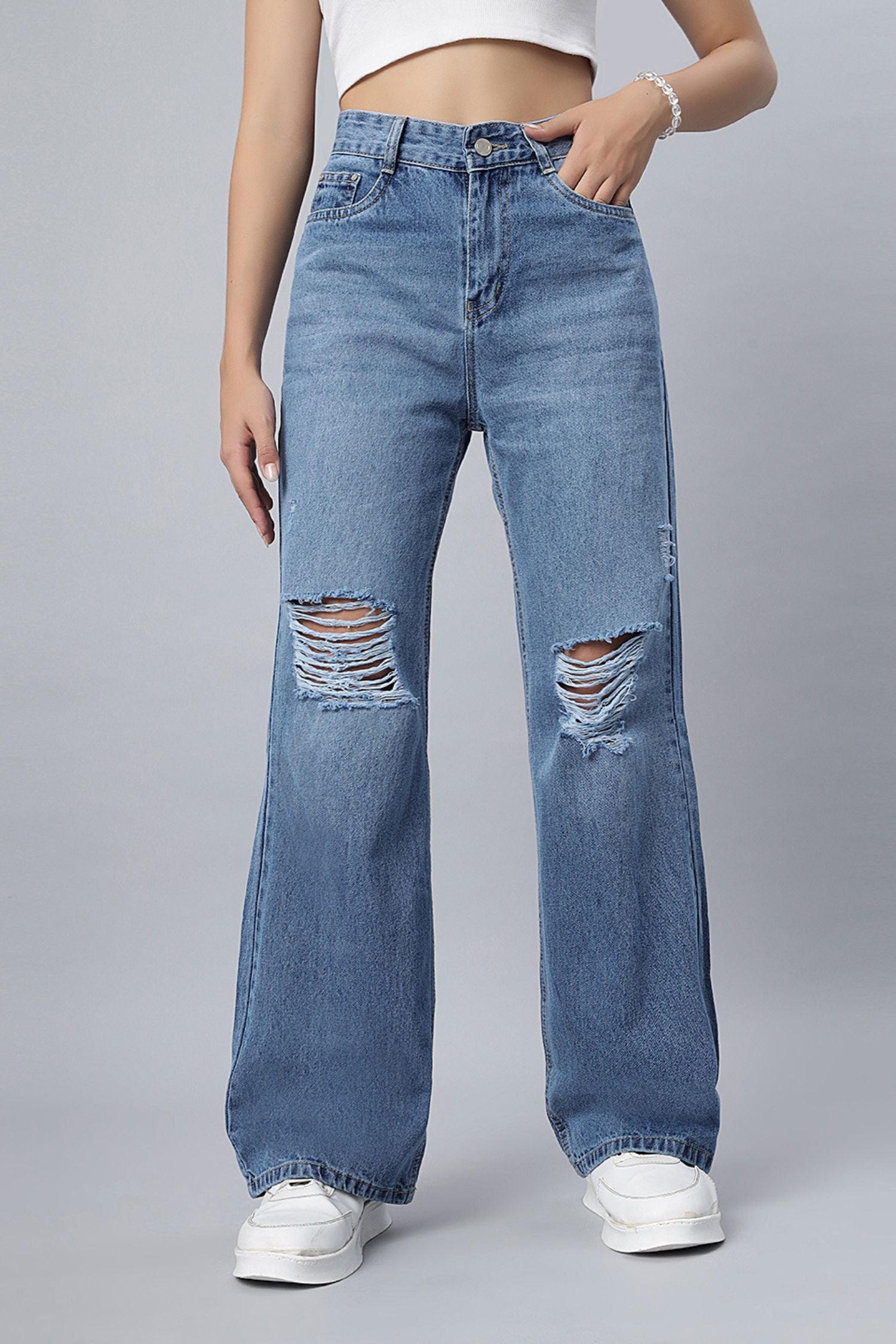 Basic Blue Straight-Leg Ripped Jeans