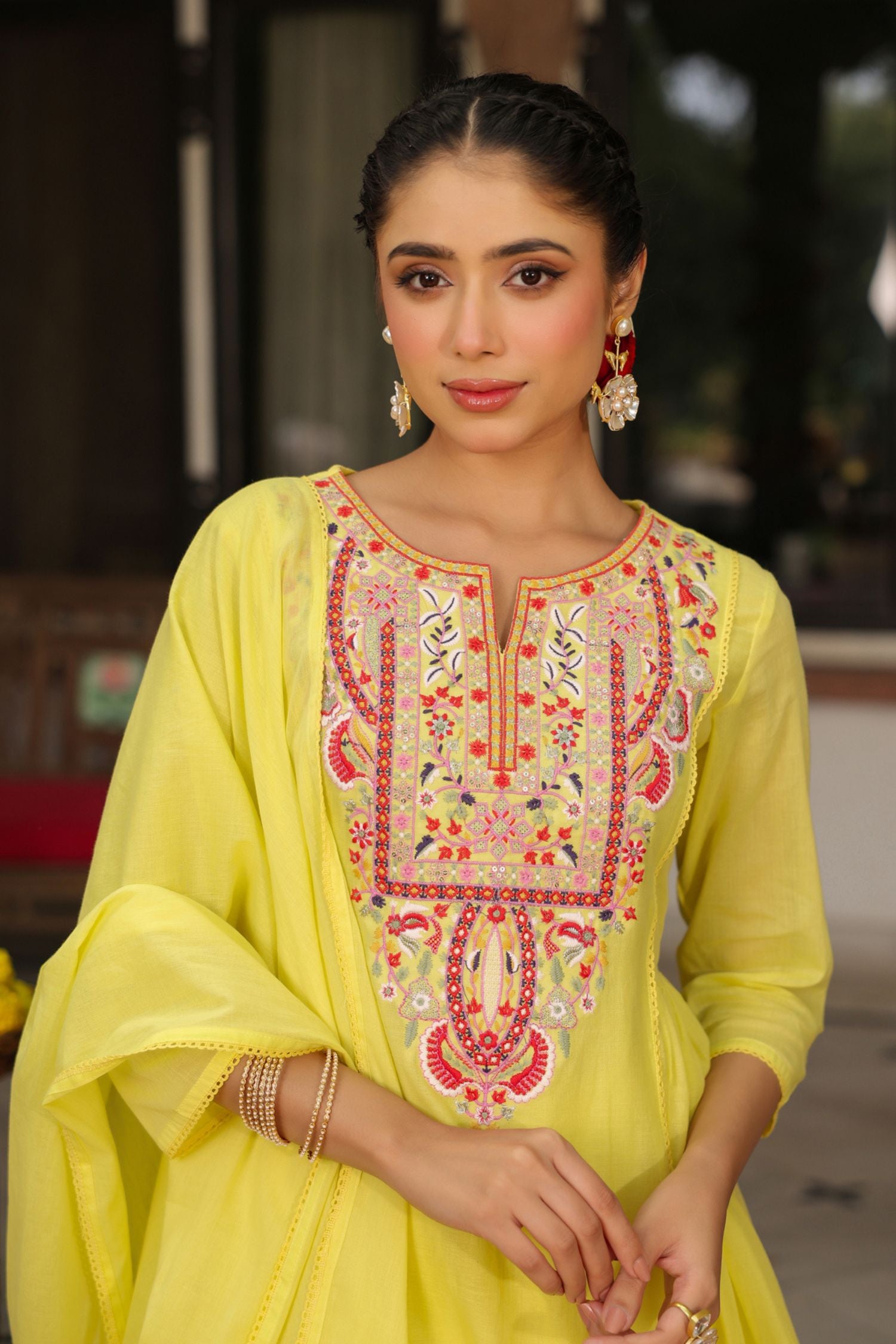 Freyaa Yellow Embroidered cotton Anarkali Suit With Dupatta