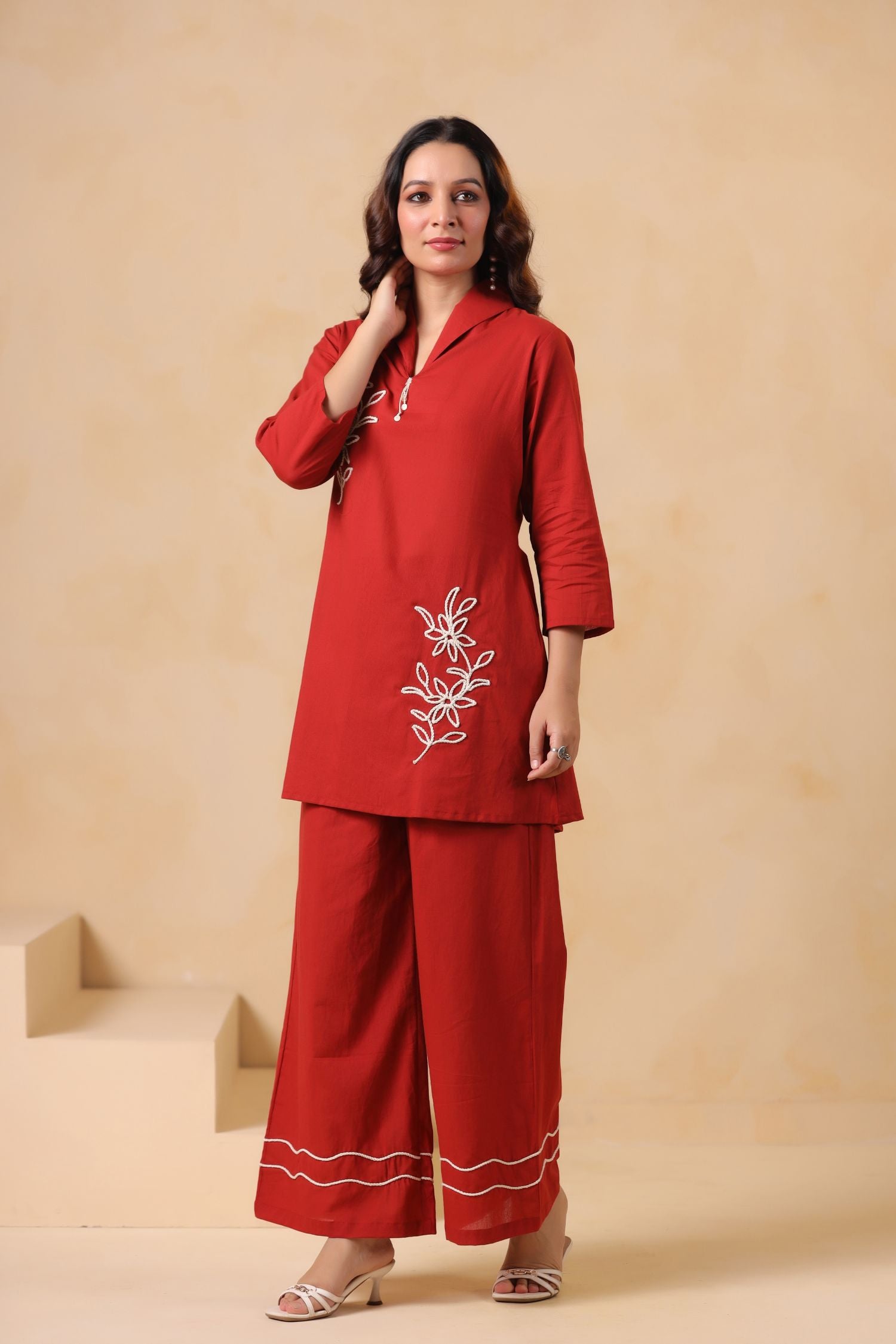 Maroon Charm Embroidered Cord Set