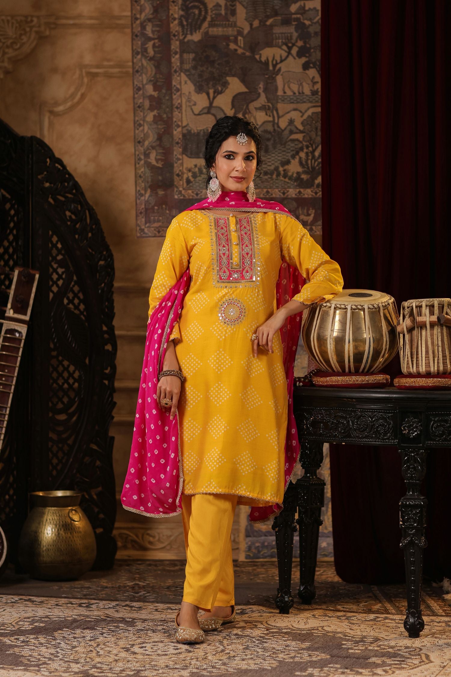 Freyaa yellow Embroidered Straight Kurta Trouser with Bandhni Dupatta Set
