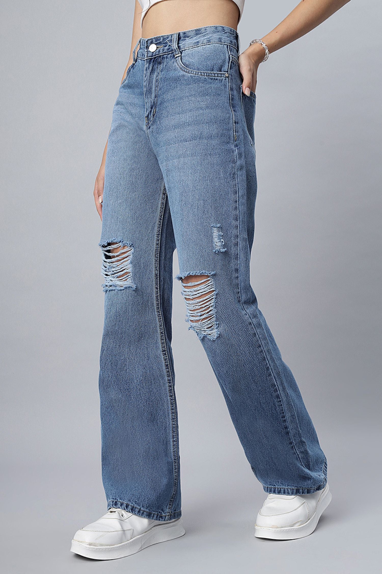 Basic Blue Straight-Leg Ripped Jeans