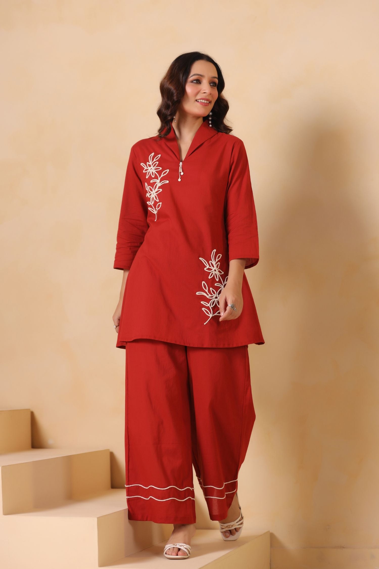 Maroon Charm Embroidered Cord Set