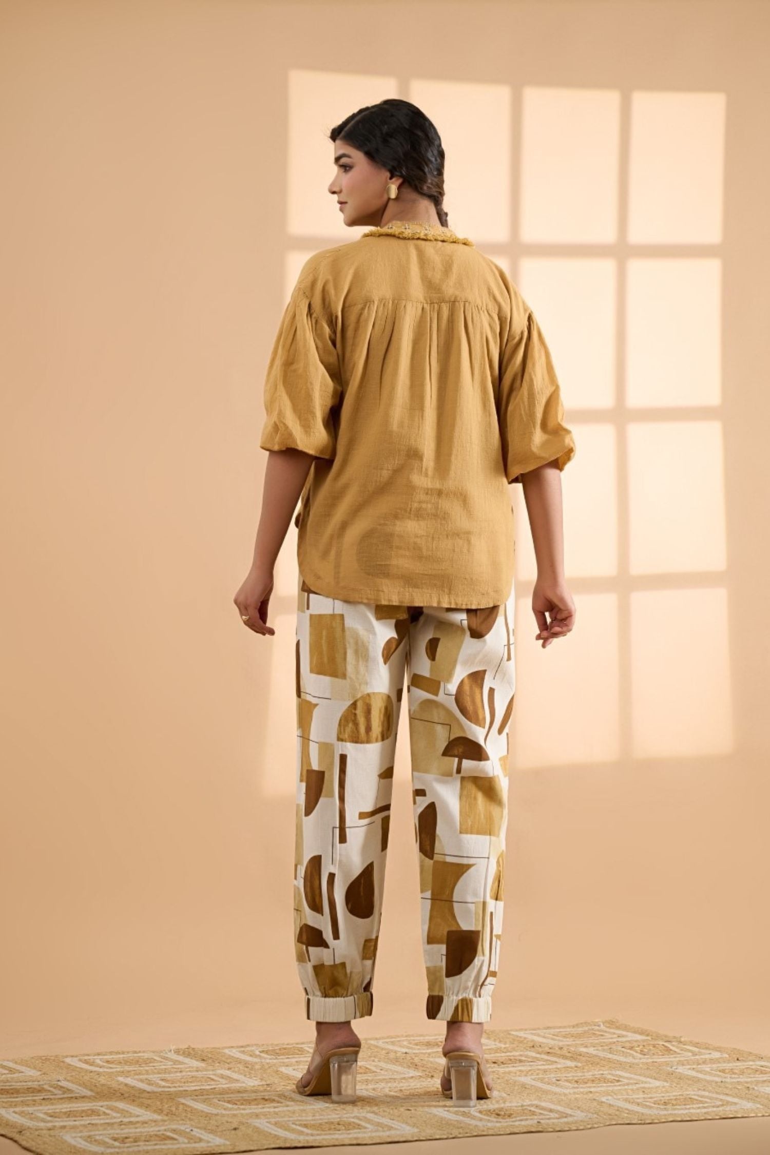 Chic Yellow Cotton Co-ord Set with Printed Trousers