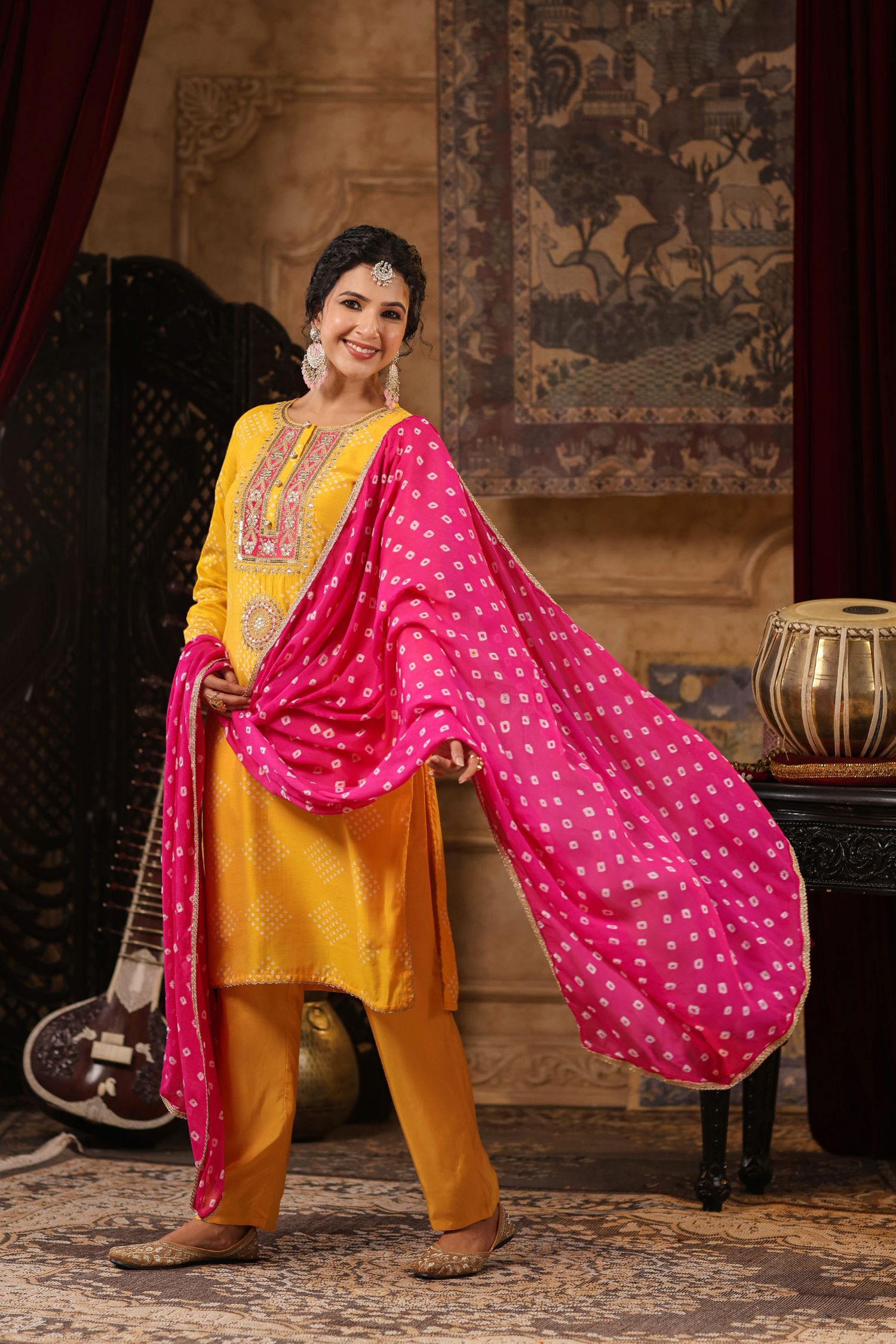 Freyaa yellow Embroidered Straight Kurta Trouser with Bandhni Dupatta Set