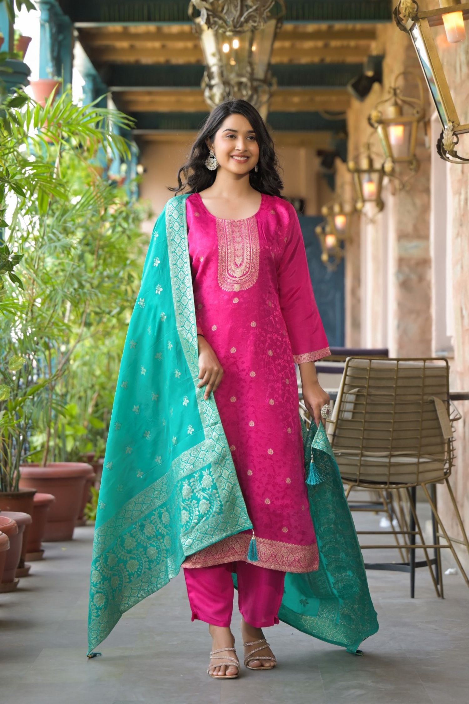 Rani Straight Kurta Set with Green Dupatta