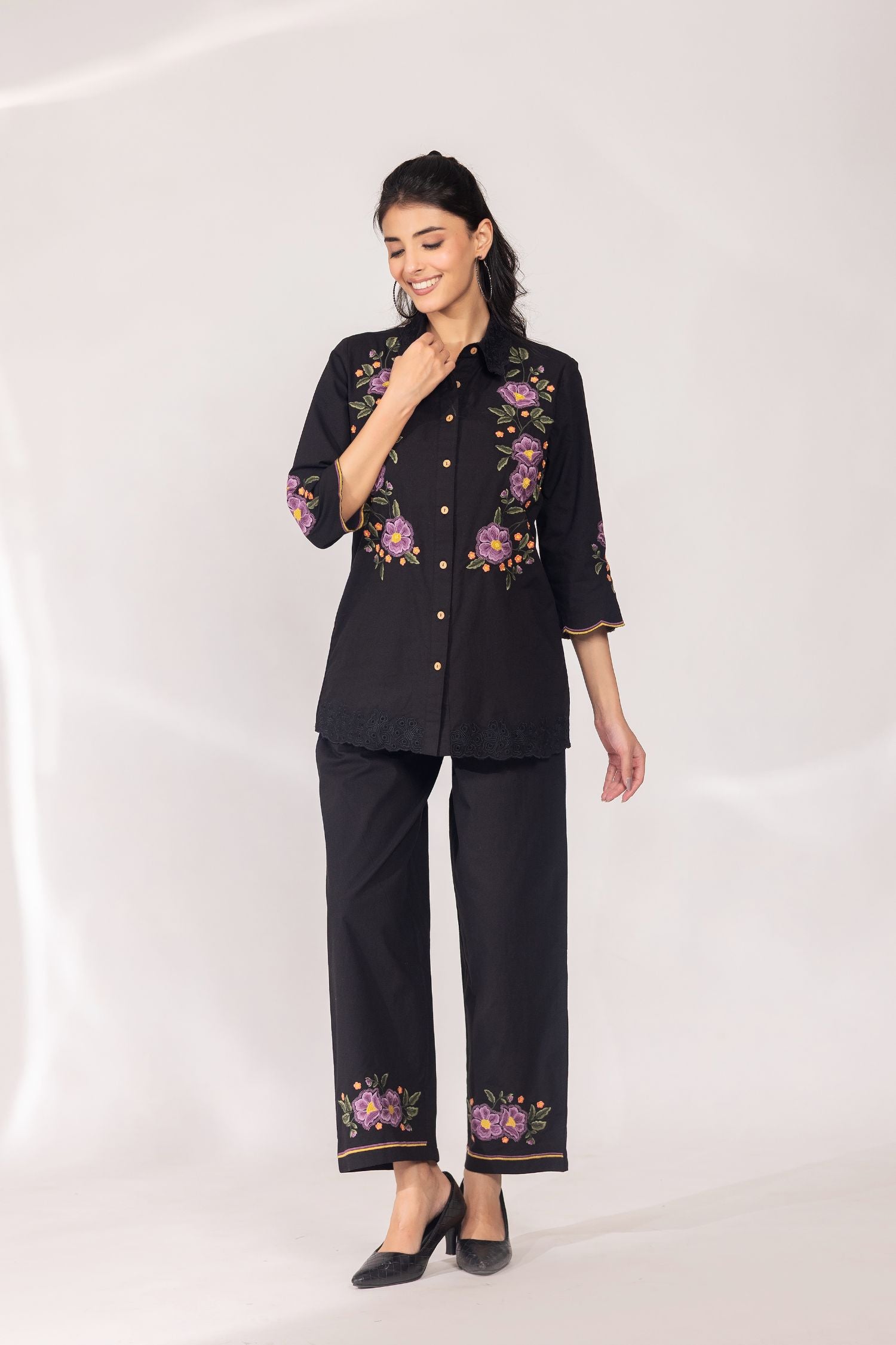 Black Cotton Co-ord Set with Multi Floral Work