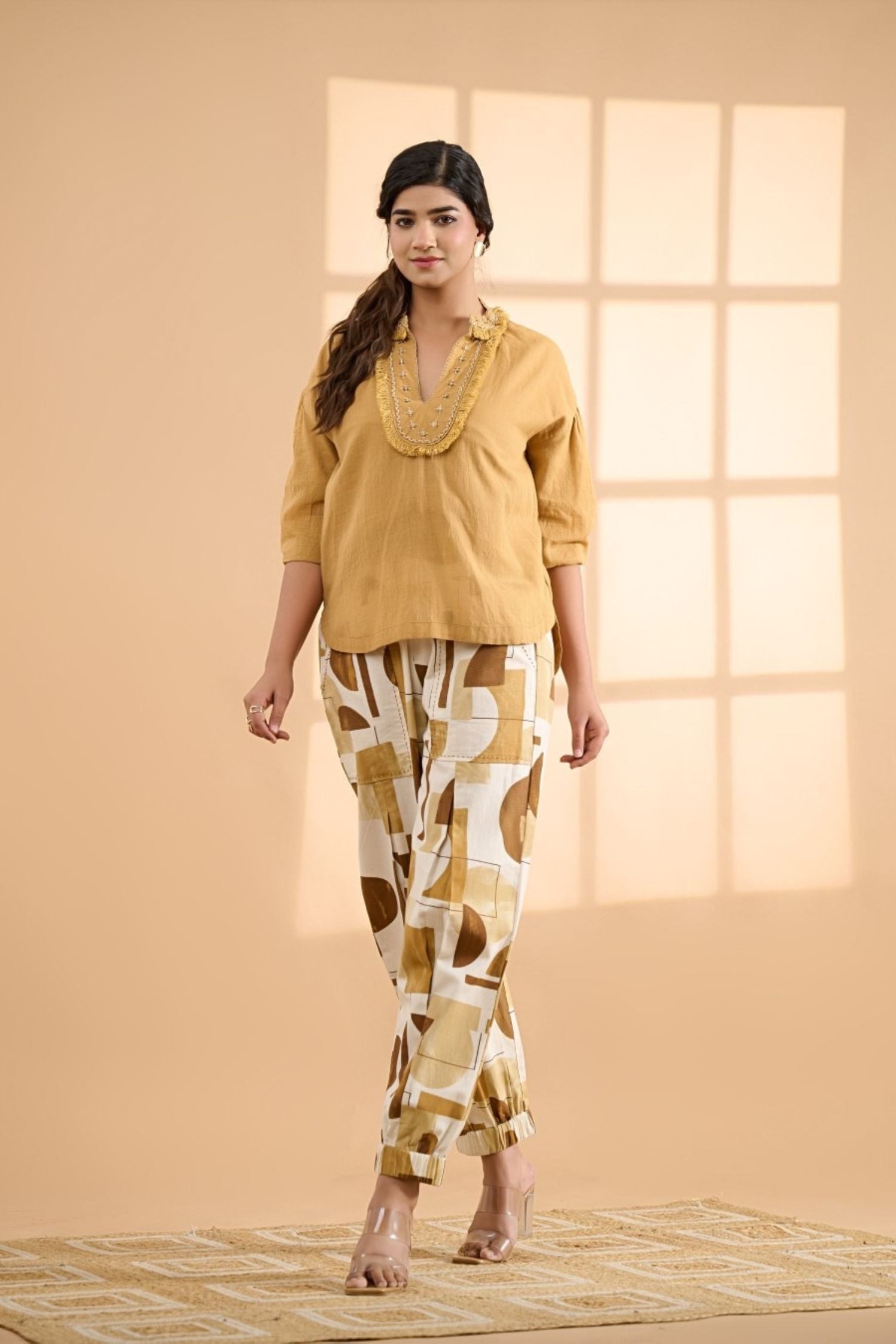 Chic Yellow Cotton Co-ord Set with Printed Trousers