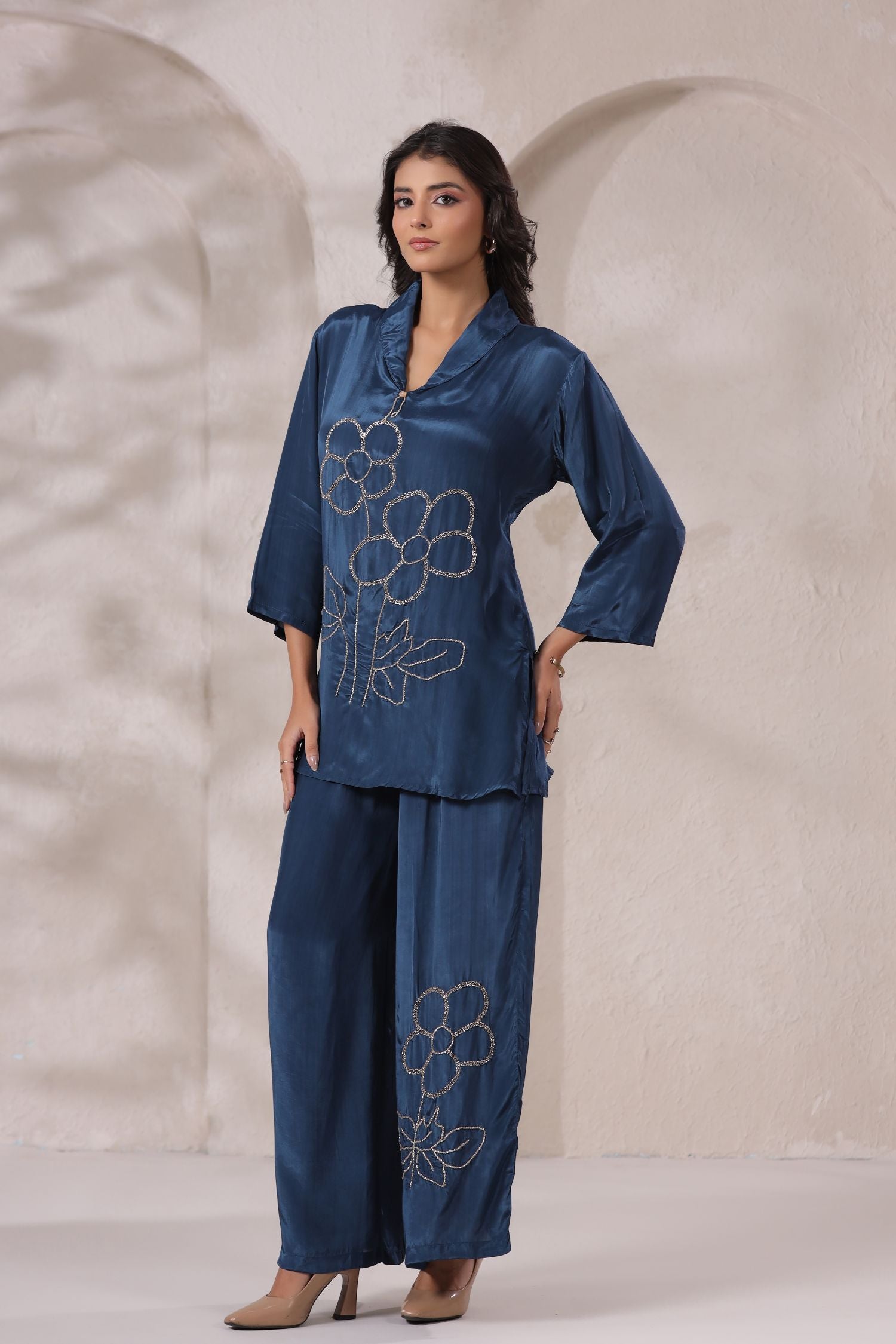 Blue Satin Golden Floral Embroidered Cord Set