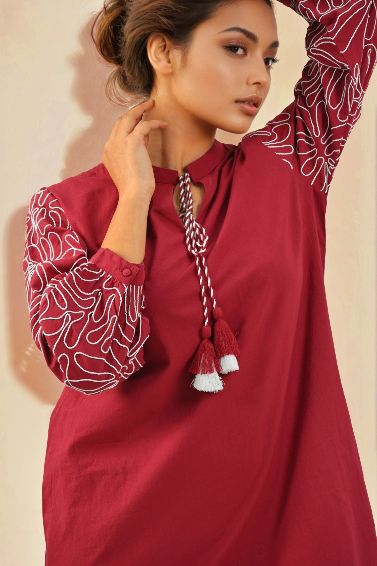 Solid Red Cord Set with Sleeve & Bottom Detail