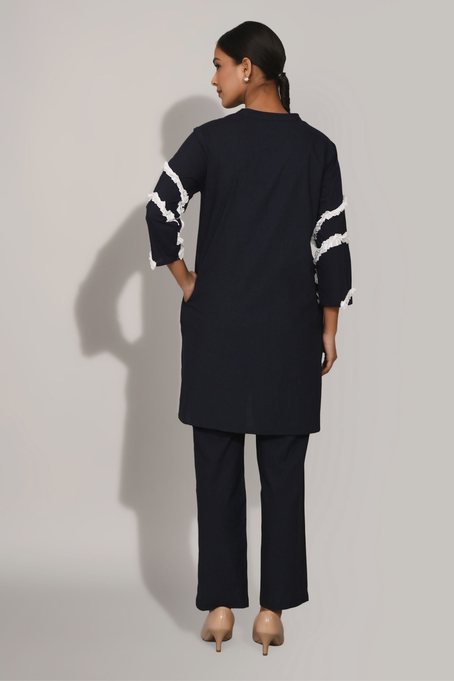 Navy Blue Cord Set with White Sleeve Touch