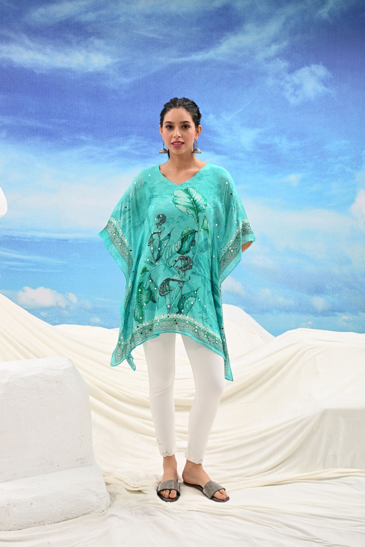 Turquoise Viscose Embroidered Kaftan Dress