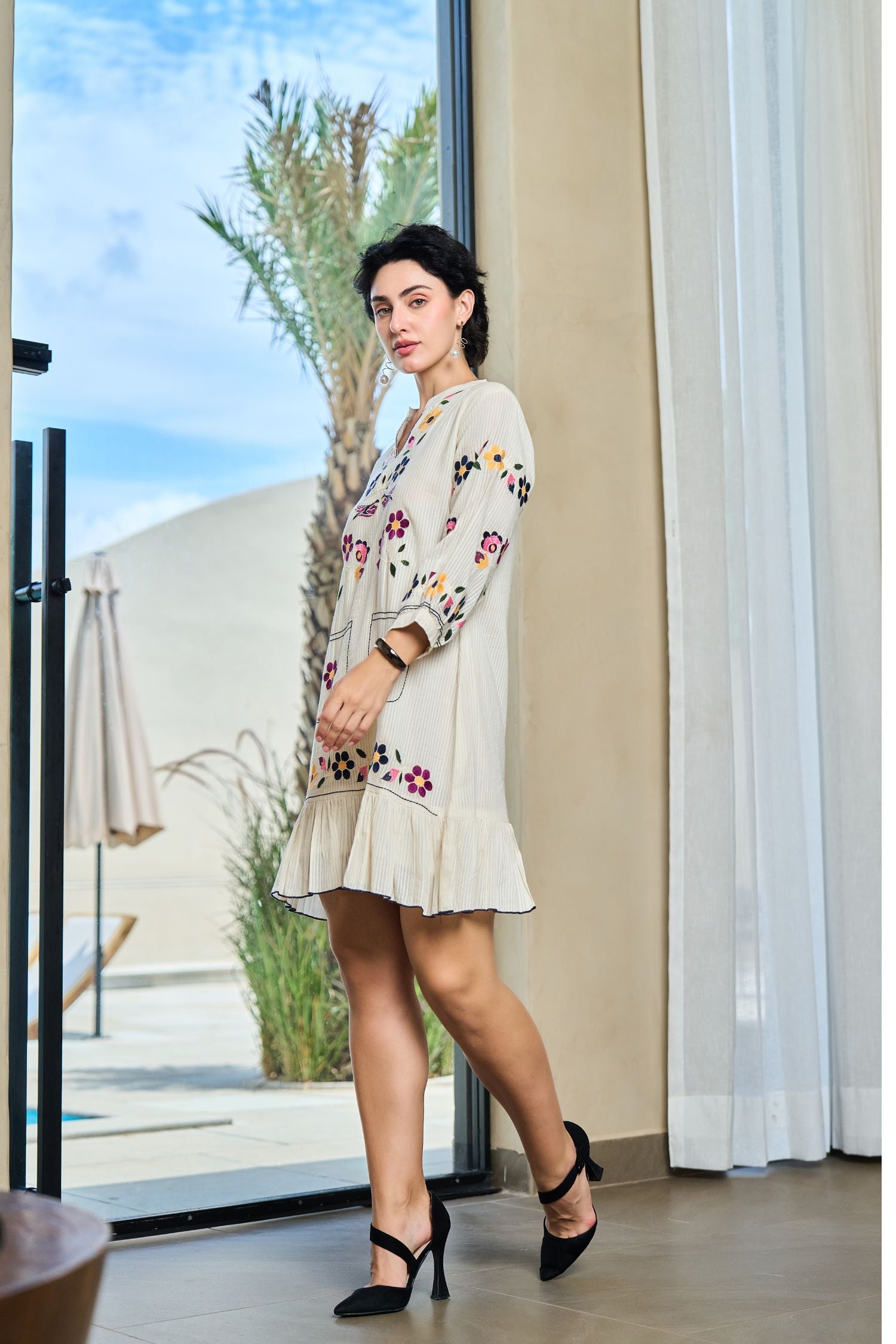 Off-White Tunic with Graceful Floral Print Detailing