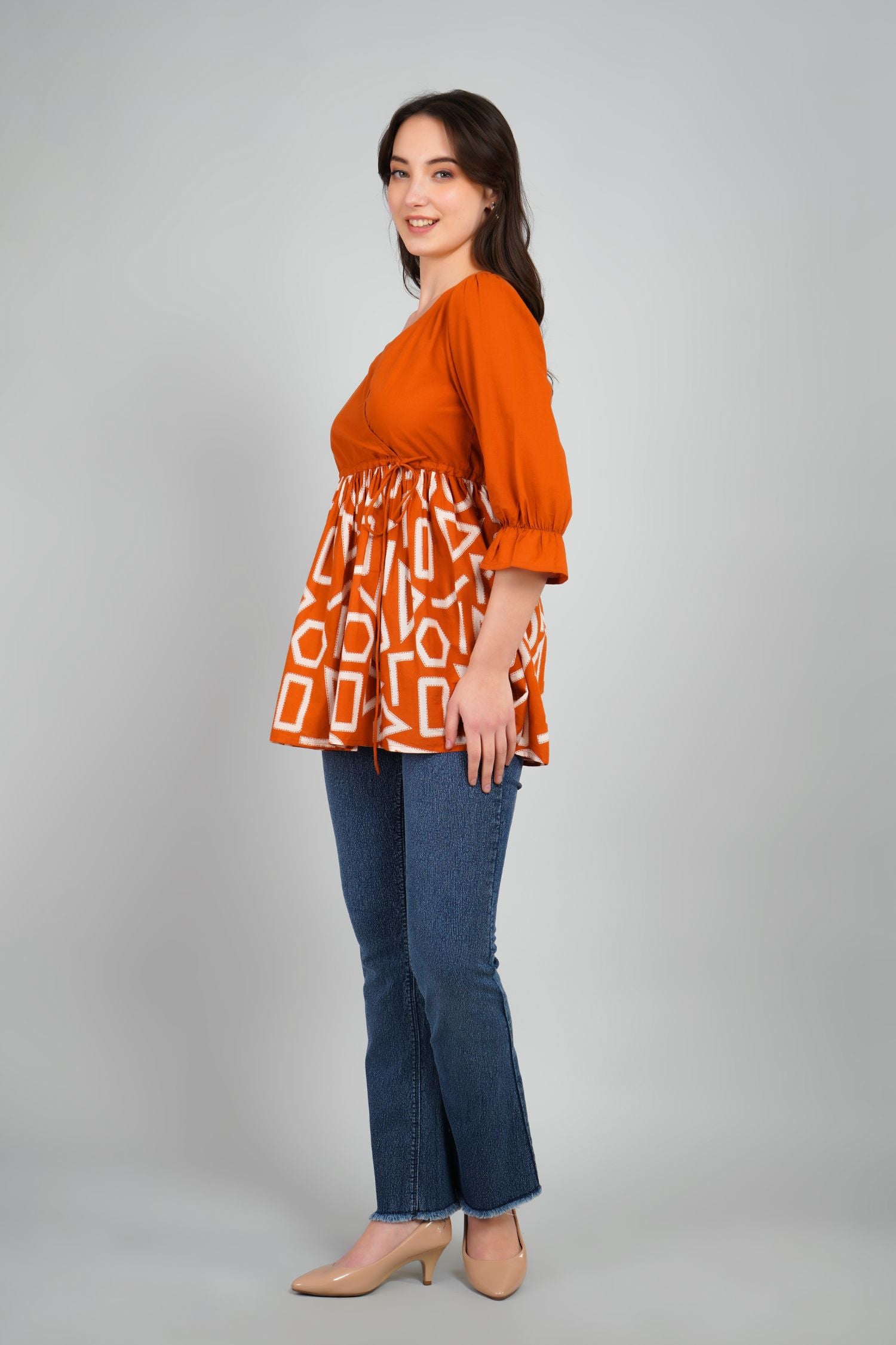 Freyaa Orange Frill Printed Top